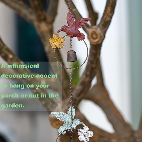 Miniatura 3 de Jemeni Cadena de lluvia de colibrí flameado y campana de 8.5 pies de longitud, adorno colgante de jardín al aire libre, colorido