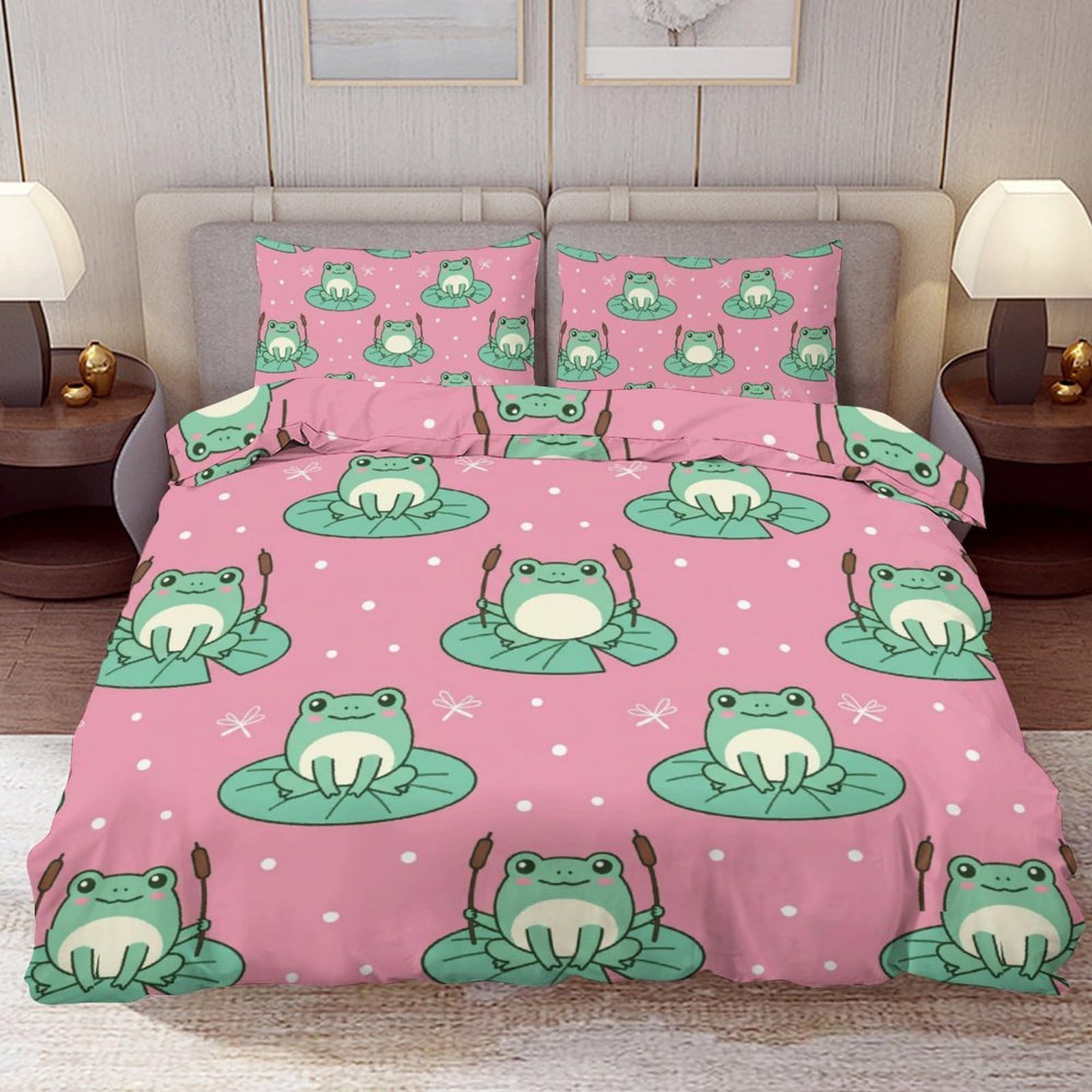 Delerain Comforter Cover Set Queen Size, Chubby Frog on Lily Pad 3-Piece Bedding Set for Women Men Modern Soft Microfiber Bedroom Set Room Decor, 1 Duvet Cover + 2 Pillowcases
