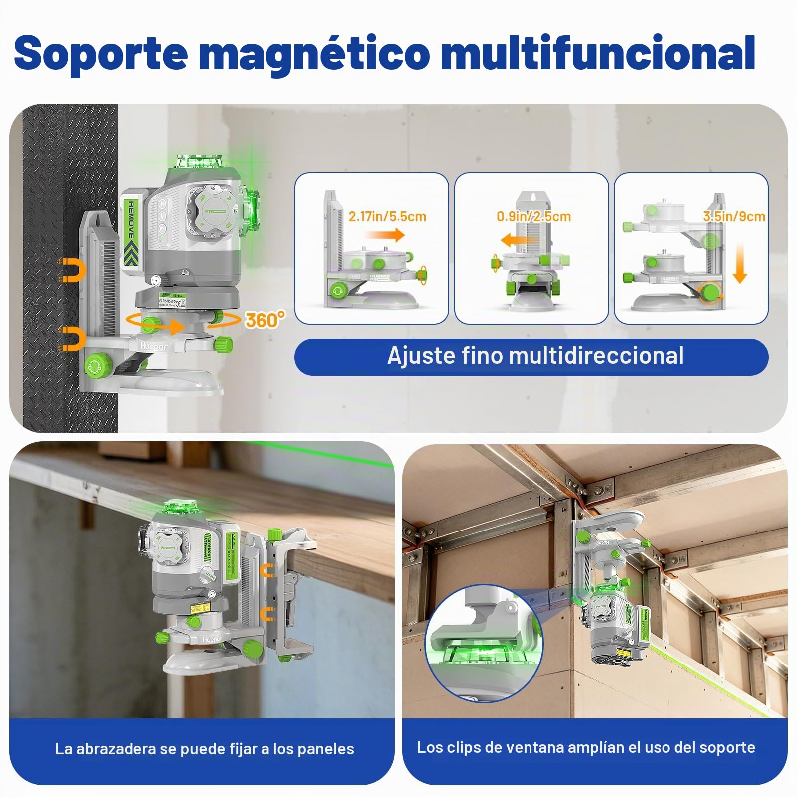 Huepar Pro Láser Nivelador con Base Giratoria Ajustable en Pivot, Nivel Láser Verde Autonivelante 360°, Recargable, Control Remoto, Alta Precisión ±2 mm, Modo Pulso, Uso Profesional
