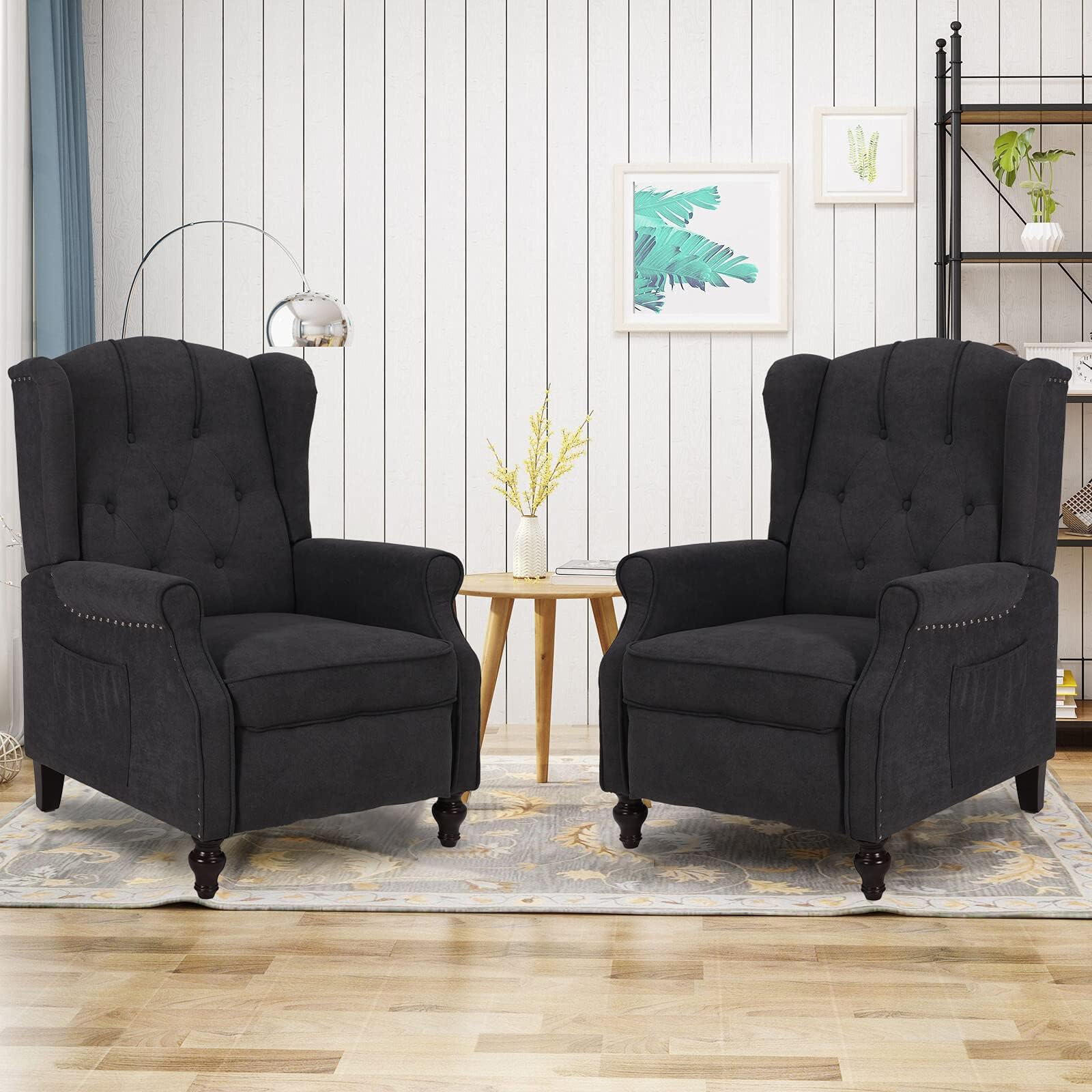 Wingback Recliner Chair, Accent Chair with Massage and Heating, Tufted Upholstered Comfy Reading Sofa, Mid-Century Modern Armchair for Living Room Bedroom, Wooden LegLinen Fabric, Dark Gray-set of 2
