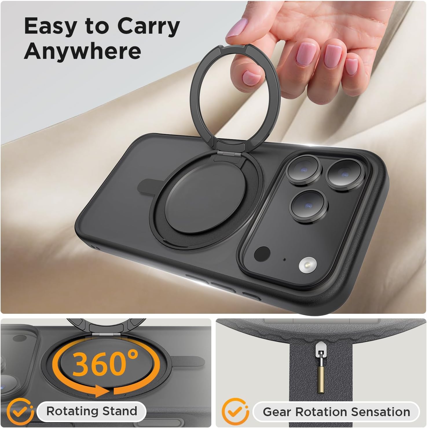 SURPHY Stand Case for iPhone 17 Pro Case Compatible with MagSafe (6.3 inch 2025), 360° Rotatable Ring Kickstand Phone Cases for 17 Pro, Stand Black - Image 7