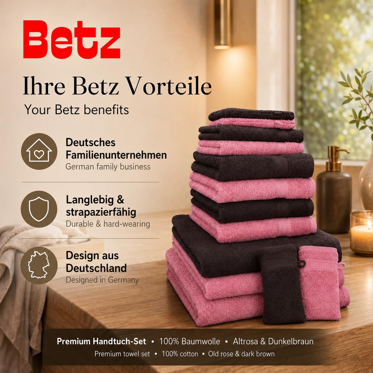 Betz 10-częściowy zestaw ręczników premium 100% bawełna 2 ręczniki kąpielowe 4 ręczniki do rąk 2 ręczniki dla gości 2 rękawice do mycia kolor ciemny brązowy i brudny róż
