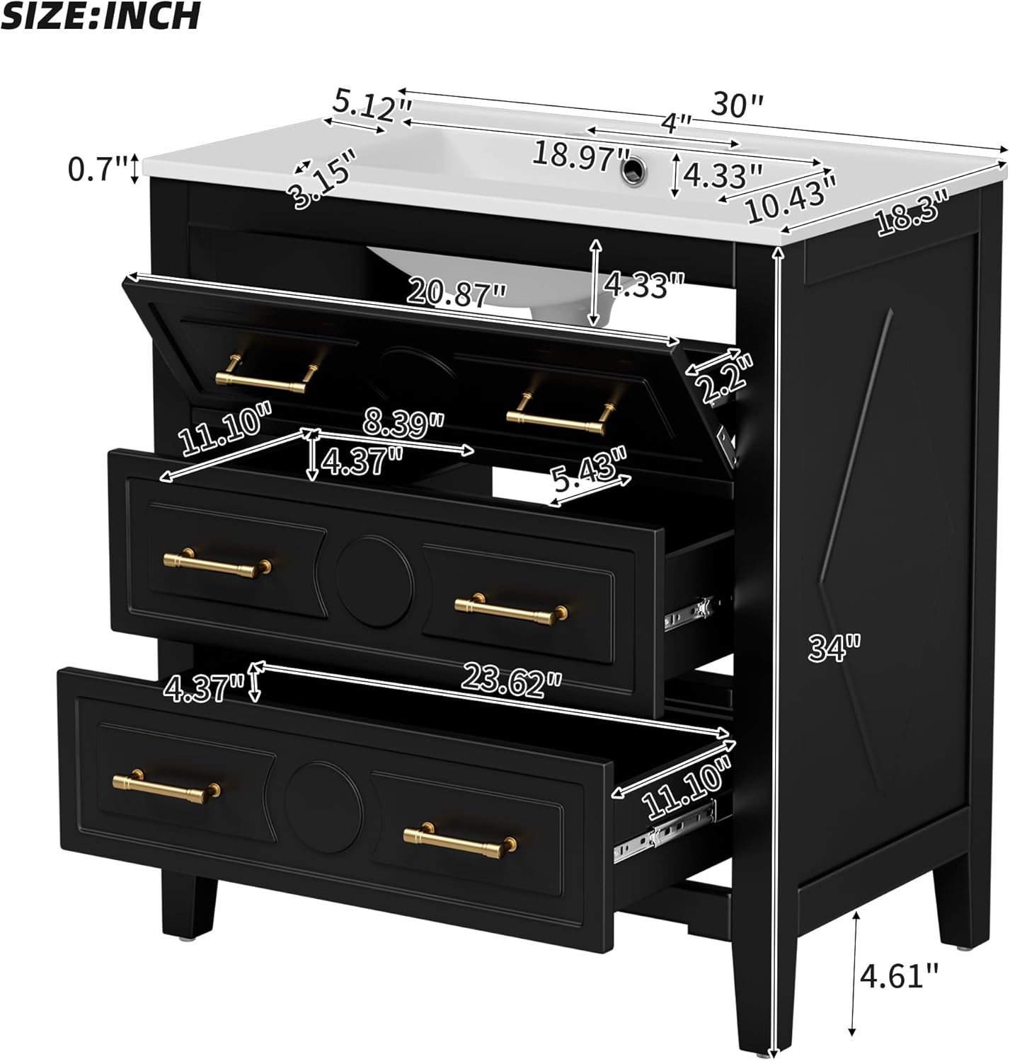 Merax 30" Bathroom Vanity with Sink Top, 3-Drawer Bathroom Vanity Storage Cabinet with Gold Pulls, Tip-Out Drawer, Solid Wood Frame Bath Storage Vanity with Ceramic Sink
