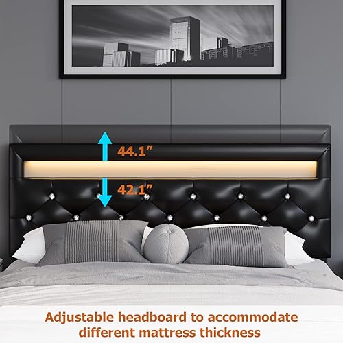 Miniatura 4 de Marco de cama moderno con plataforma tapizada con cabecera LED marco de cama de piel sintética de perfil bajo soporte de listones de madera fuerte