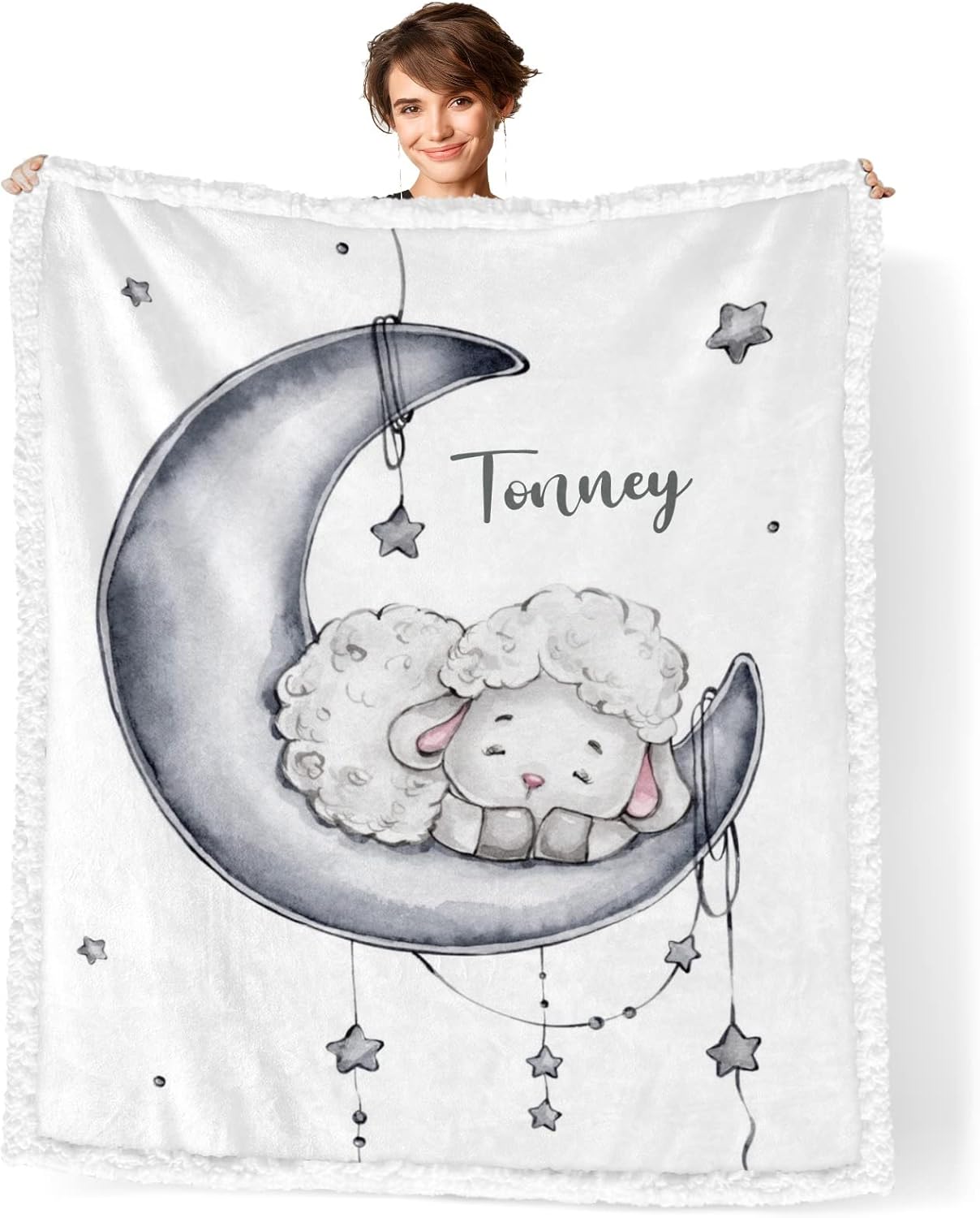 Sleep Lamb Moon Personalized Sherpa Baby Blankets for Boys Girls,Soft Newborn Naps Custom Name Blanket for Shower Gift 50x60 in