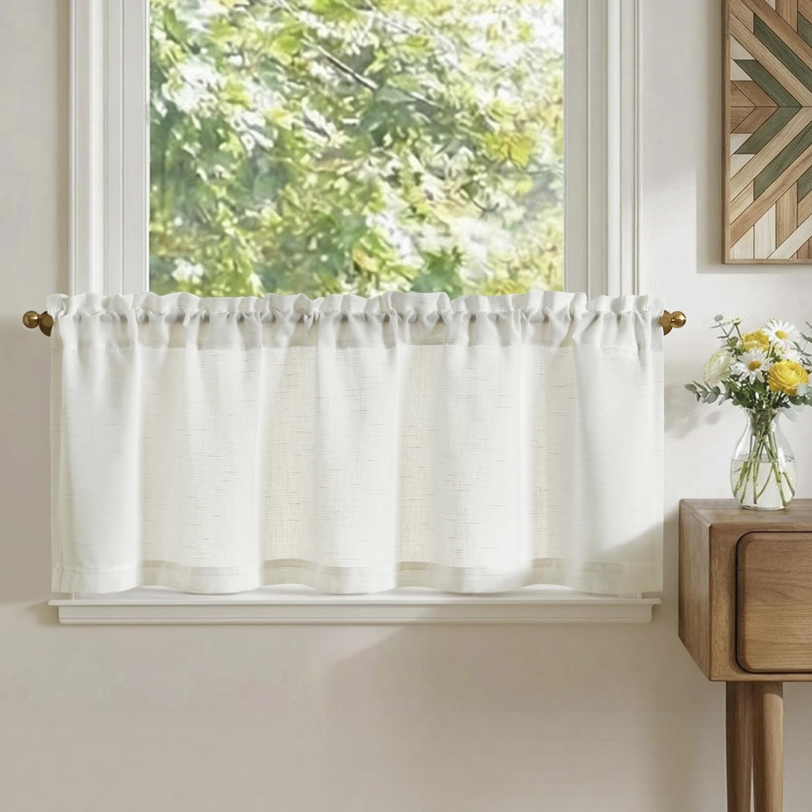 TOPICK White Linen Look Kitchen Curtains 16 Inch Drop, Light Filtering Small Cafe Curtain Valance for Living Room, Bathroom, Cupboard, Bedroom, 1 Panel, W 50" x L 16"