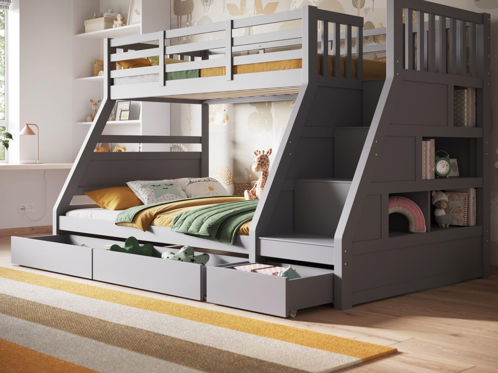 Flair Furnishings Triple Bunk Bed - Modern Three Sleeper Solid Wood Storage Bedframe Sturdy Ladder Drawers Shelves Guard Rails Panel - Perfect Bedroom Furniture for Adults Teenagers Kids (Grey)