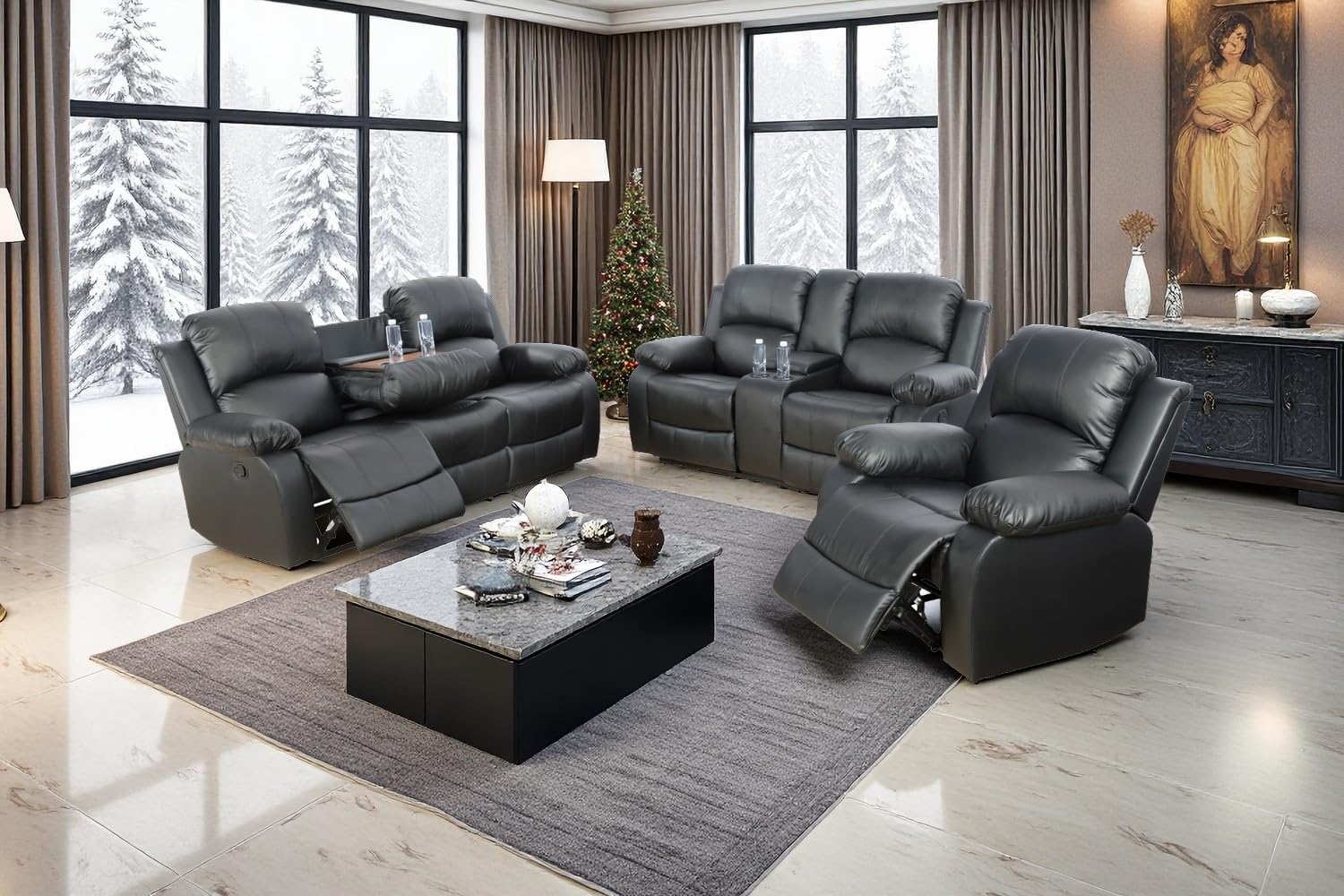 3 Pieces Living Room Furniture Sets with Cup Holder, Manual Leather Recliner Sofa Set with Storage, Bonded Leather Reclining Couches for Living Room/Office