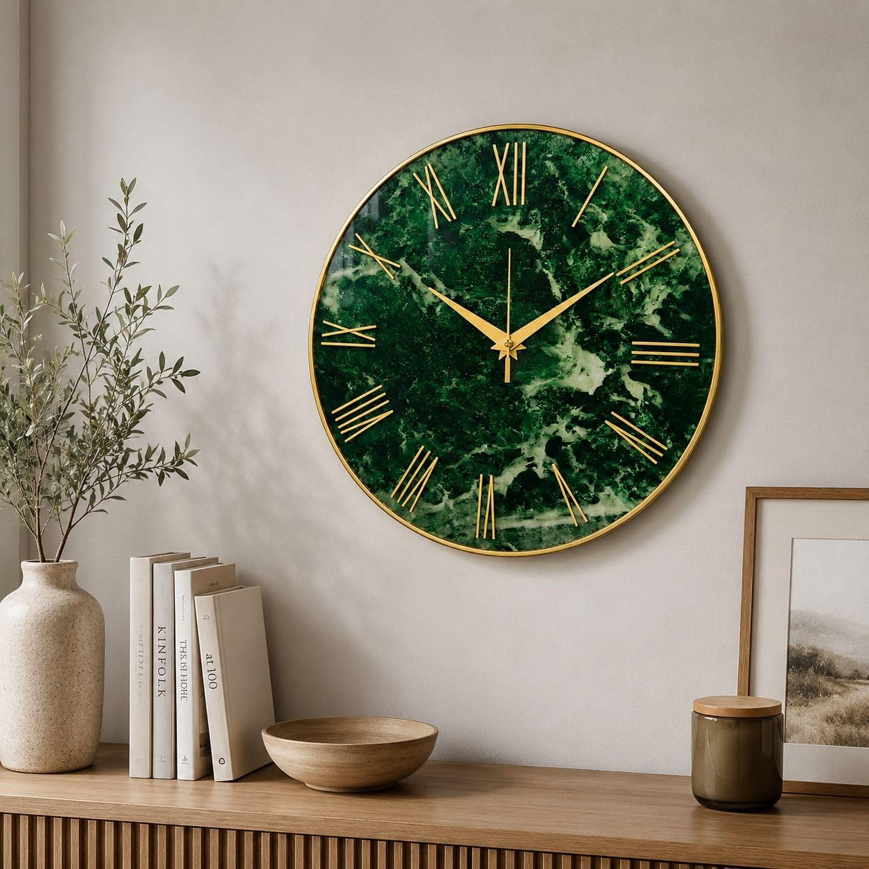 Emerald Luxe Roman Wall Clock Green Marble Gold Frame 30.48 cm | Silent Quartz Movement, Sturdy Metal Frame, Glass Face, Built-in Hanging Hook, Living Room & Office-image-48