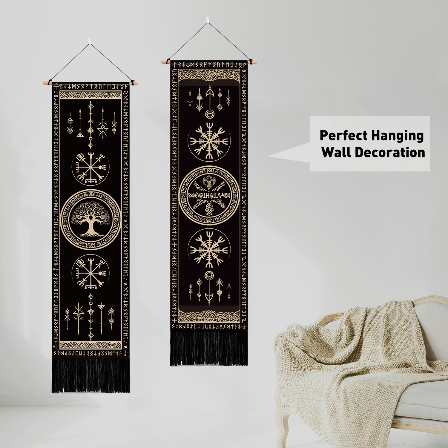 PLIGREAT 2er Pack Wikinger Symbole Wandteppich mit Quasten Baum des Lebens Ästhetischer Wandbehang Vertikal Zuhause Kunst Wandteppich für Schlafzimmer Badezimmer Wohnzimmer Kunst Dekor