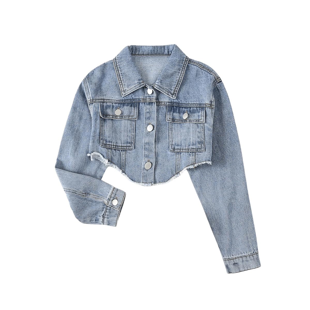 BEAUDRM Girl's Long Sleeve Asymmetrical Raw Hem Coat Collared Neck Button Up Crop Denim Jackets with Pockets