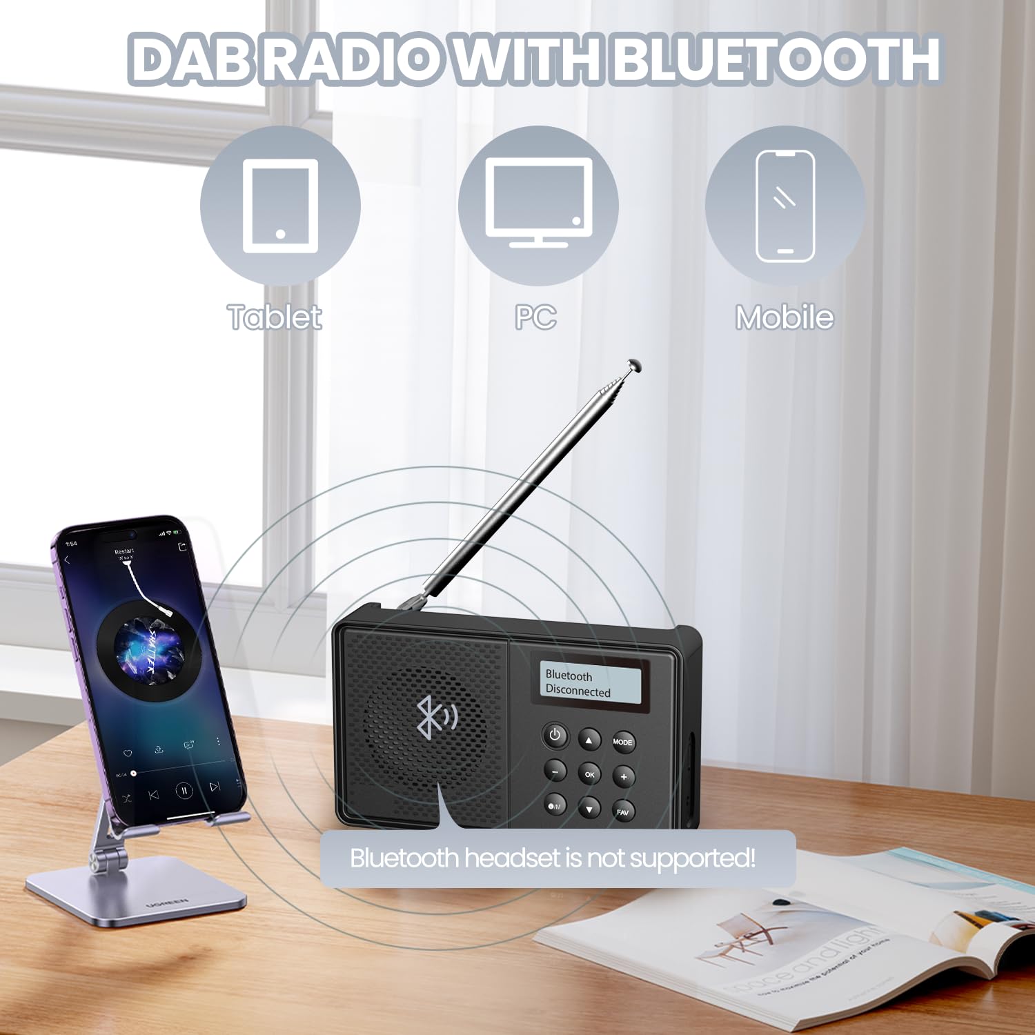 Arafuna Radio Portable, FM, Dab+, Radio Dab Plus 40 Stations Préréglées, Rechargeable, Minuterie pour Sommeil, Bluetooth, Double RéVeil
