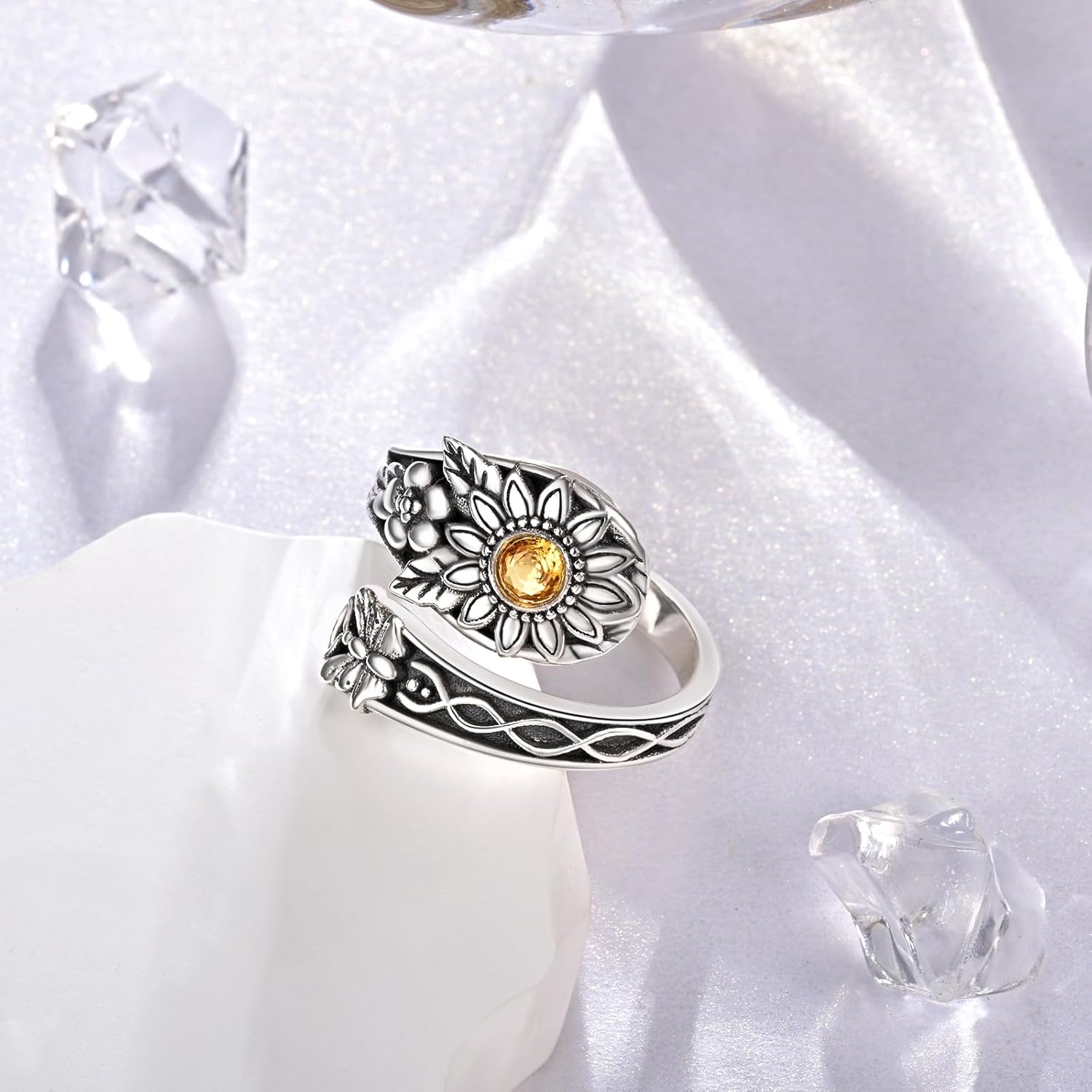 Sunflower Spoon Ring 925 Sterling Silver Adjustable Thumb Ring for Women Bohemian Vintage Botanical Jewelry Gift for Birthday Festival