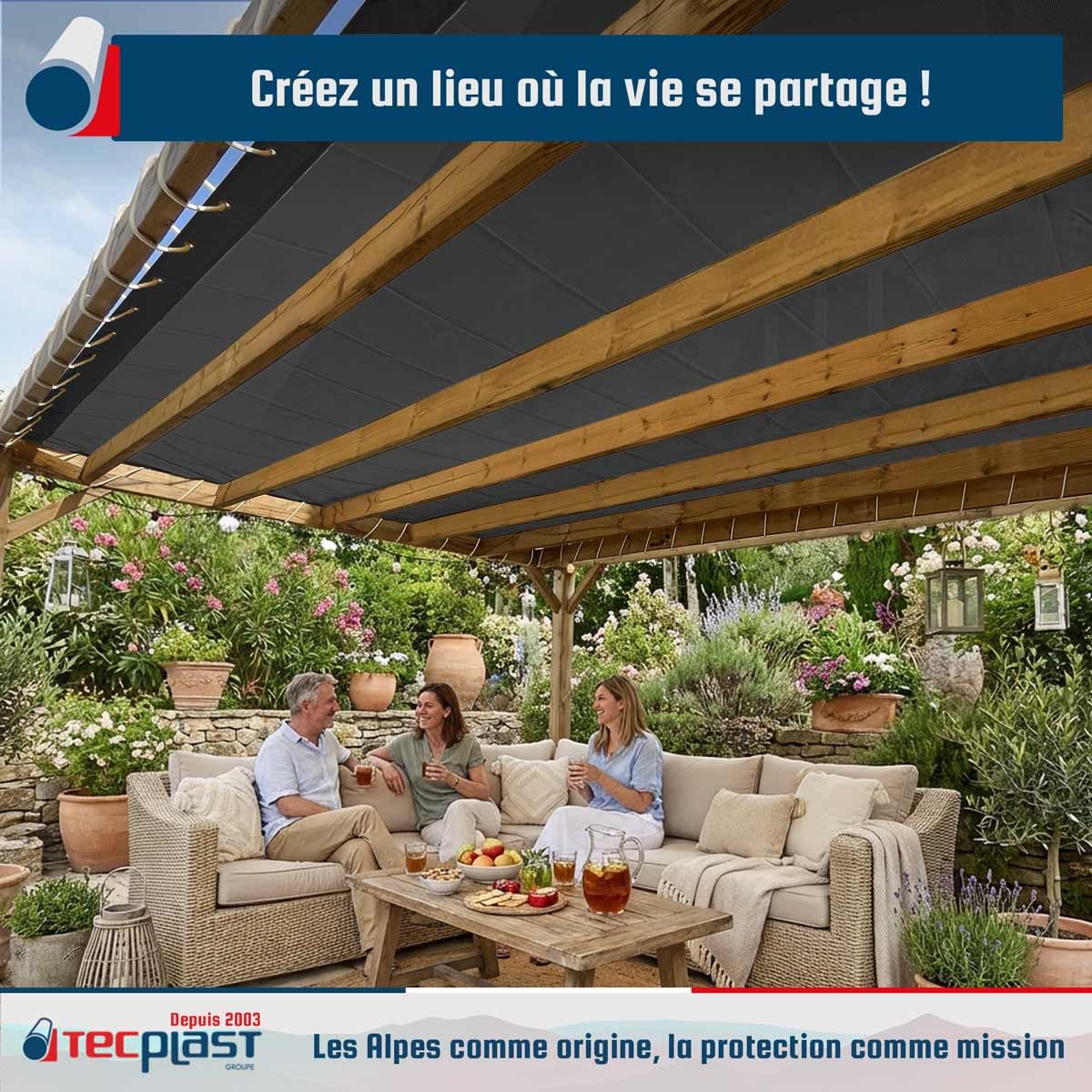 TECPLAST Toile Pergola Micro-Perforée 3x4 m Noire - Garantie 5 Ans - MP460PR - Perméable - Ombrage léger - Made in France