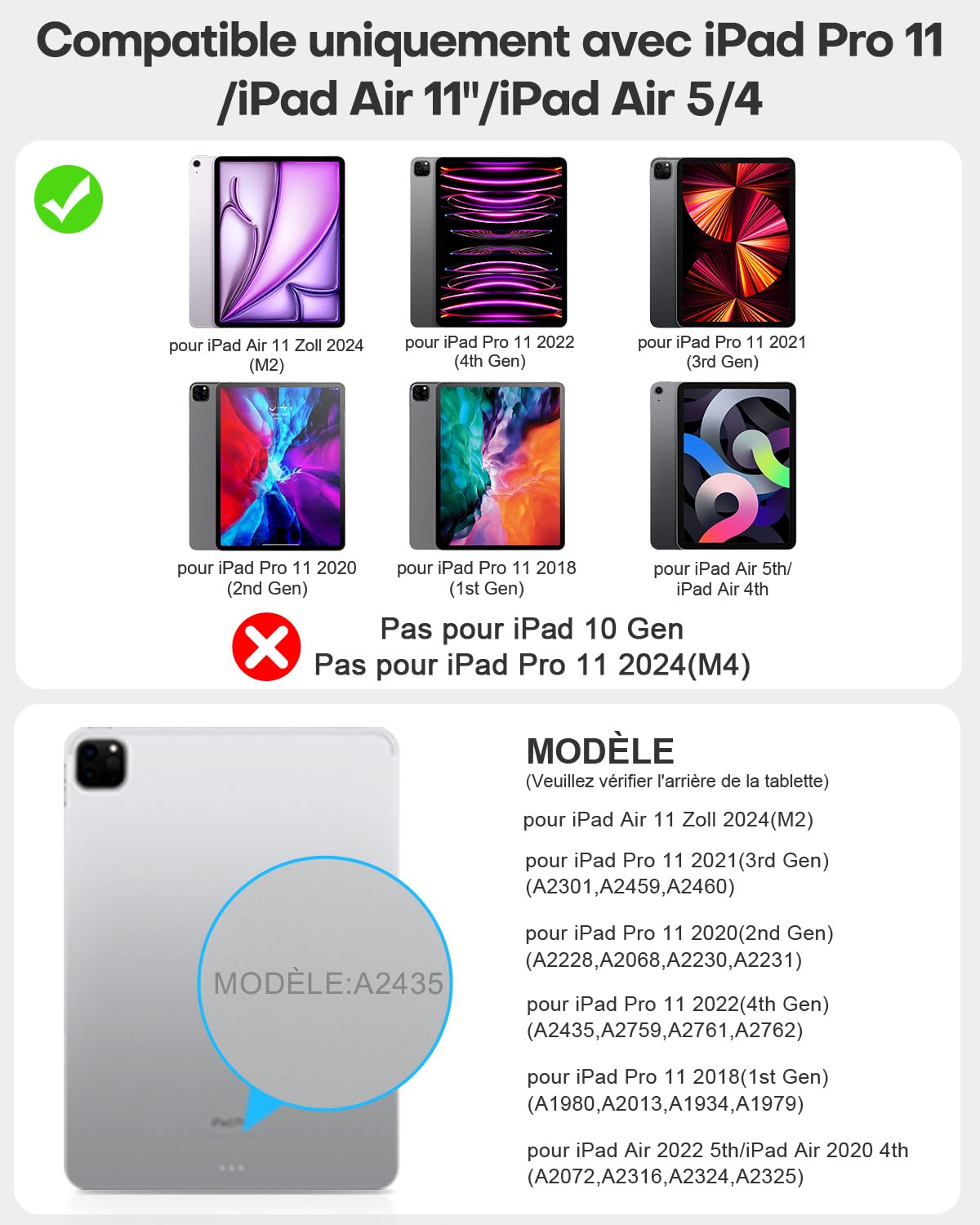 TECURS Étui Clavier Magnétique pour iPad Air 11" (M4/M3/M2, 2026/2025/2024)/ Air 5 2022/ Pro 11" (4/3/2/1 Gen) Air 4 2020 Multi-Touch, Support flottant à cantilever, rétroéclairage blanc, AZERTY, Noir