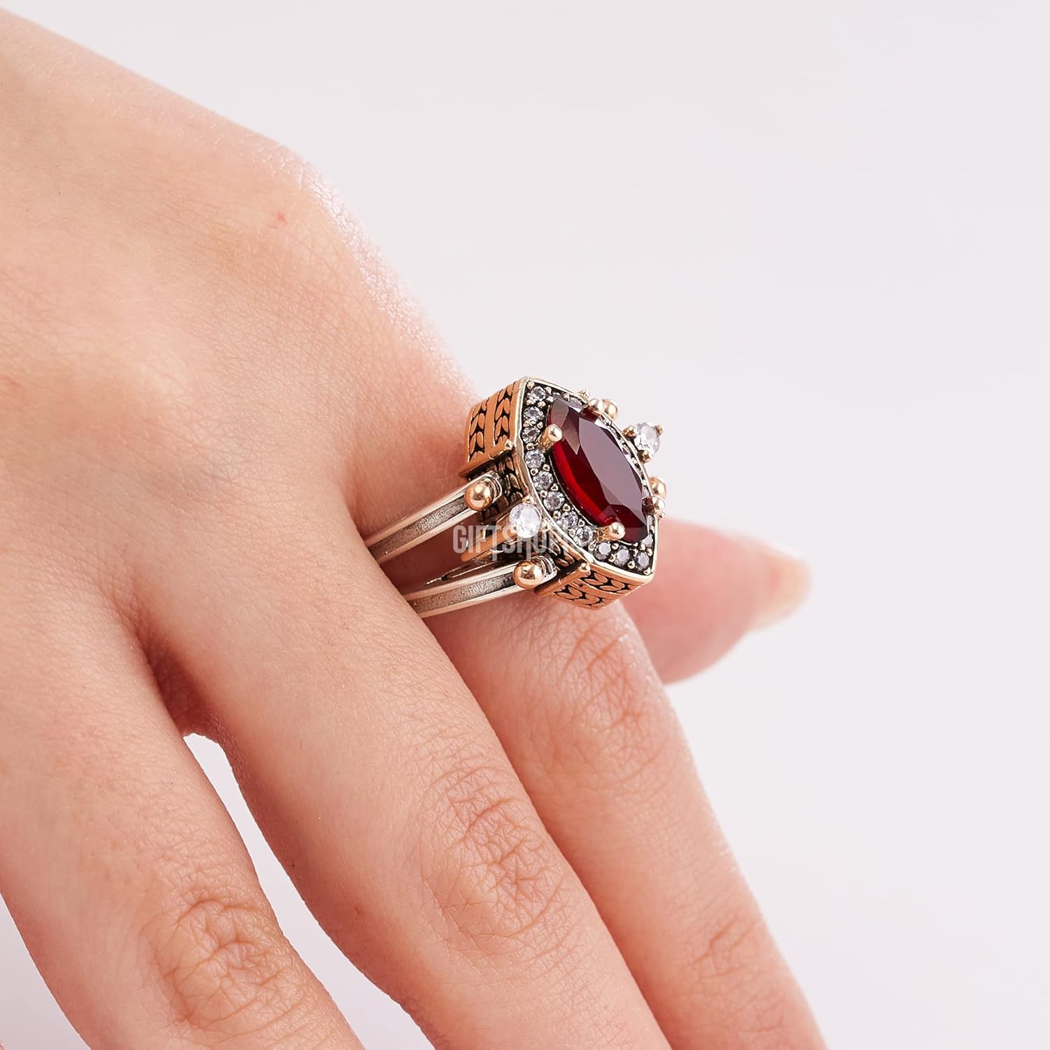 Elegant Reversible 925 Sterling Silver Ring for Women Jewelry - Handcrafted in Turkey, Featuring Marquise Cut Ruby Emerald Jade and Round Topaz 925 Sterling Silver Ring Size Options