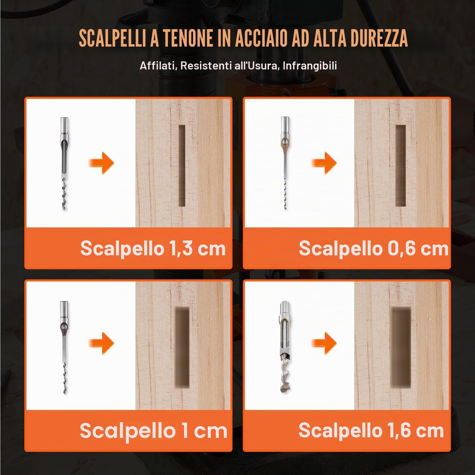 VEVOR Trapano a colonna per mortasa, 4 punte da trapano, set di localizzazione punte da trapano da banco, utensili per mortasa e tenone con 5 boccole, per la lavorazione del legno