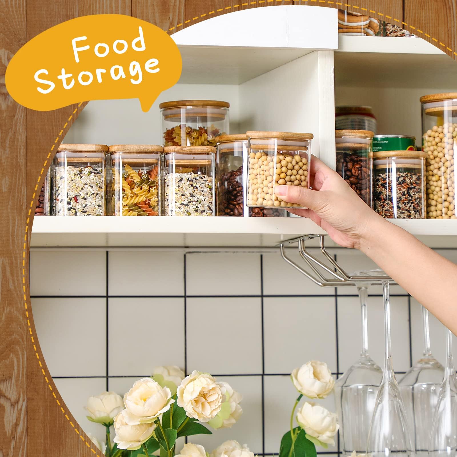 Yibaodan Set di 12 barattoli in vetro da 250 ml, con coperchio in bambù, ermetici ed etichette, piccoli contenitori per alimenti, cereali, tè, erbe, caffè, farina, erbe aromatiche, cereali