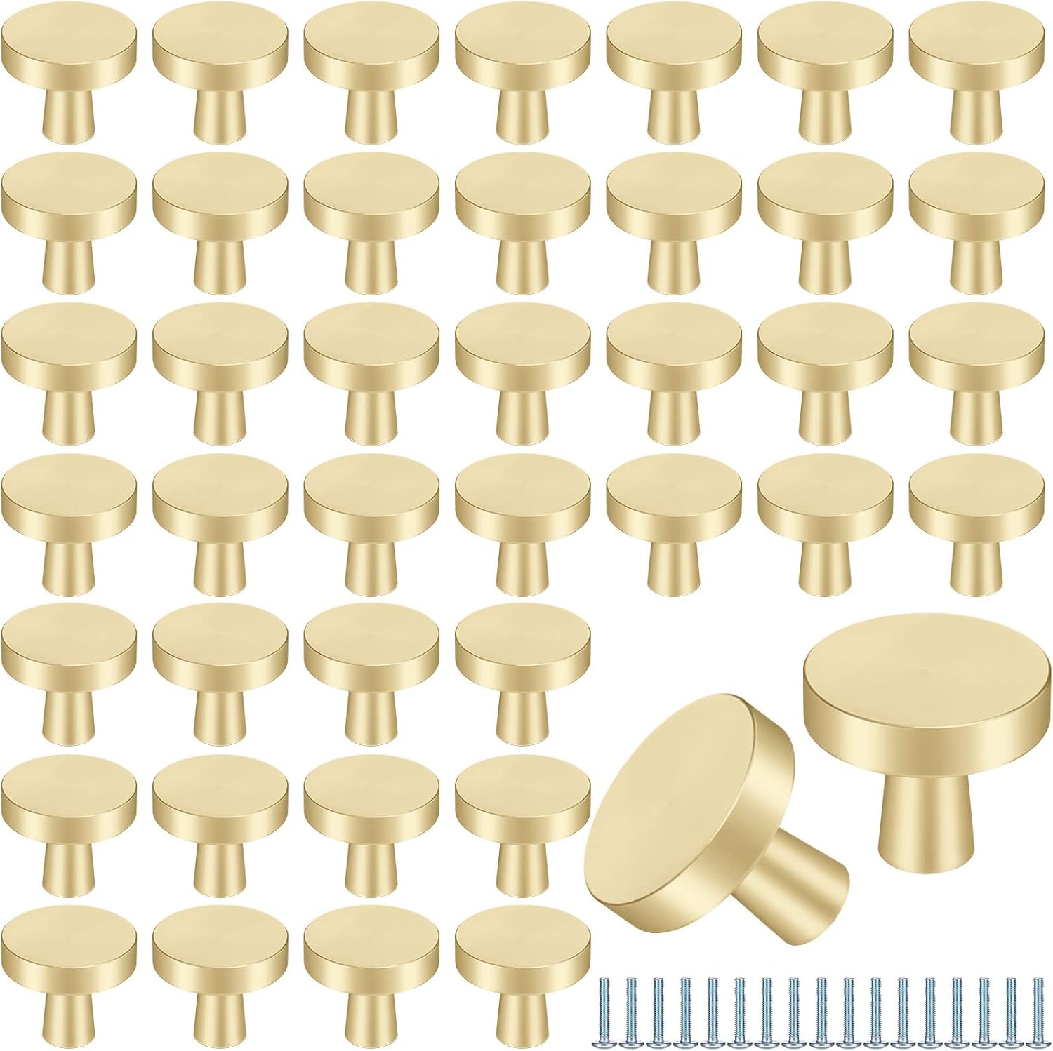 Therwen 50 Pcs Cabinet Knobs Brushed Brass Round Drawer Pulls Closet Door Knobs Mushroom Dresser Modern Solid Hardware with Screws for Kitchen Cupboard Bedroom(Gold)