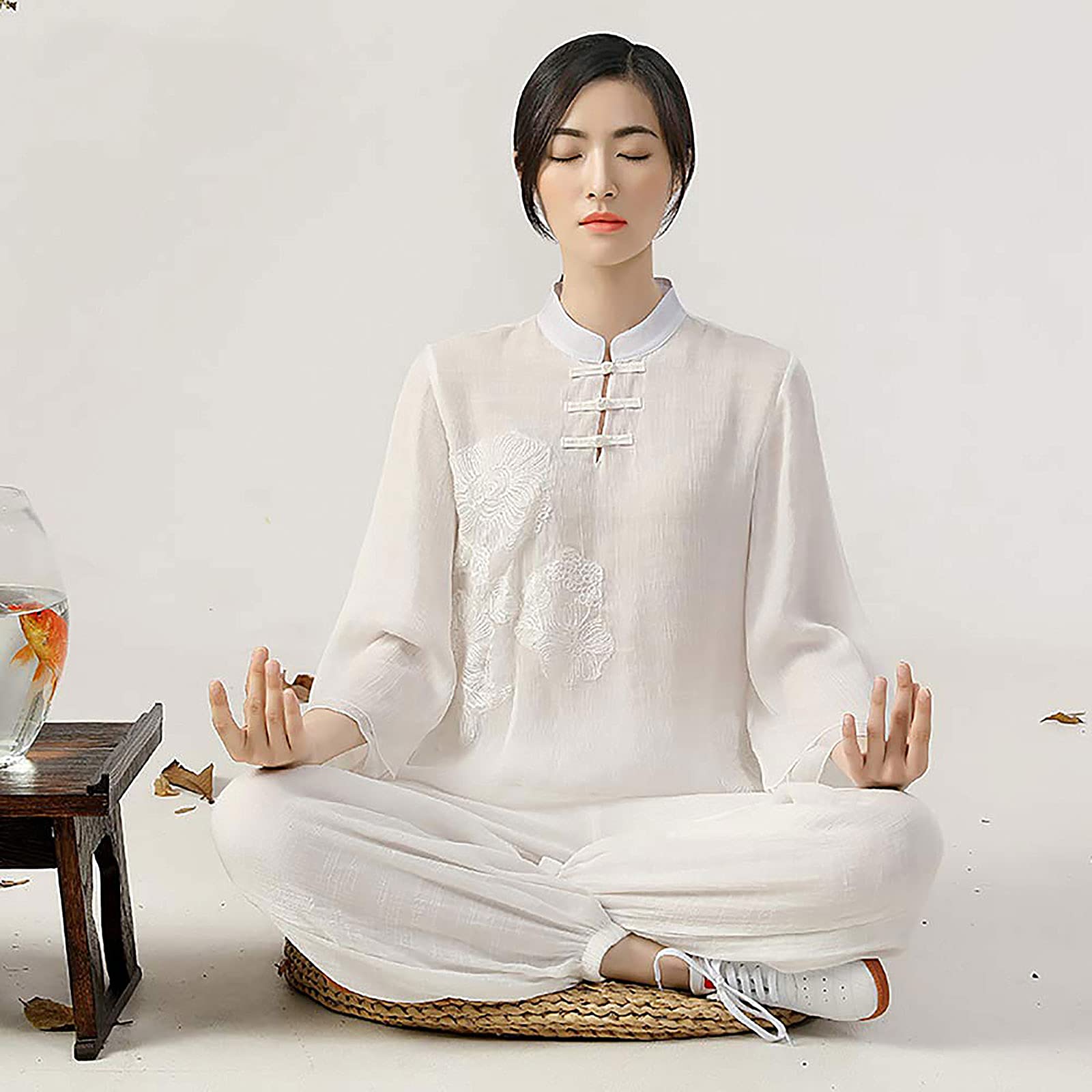 Kobiety Tai Chi Odzież Chiński Tradycyjny Medytacja Zen Jednolite Bawełniane Ubrania Wing Chun Lekkie Garnitury do Medytacji i Qigong, A, XXL