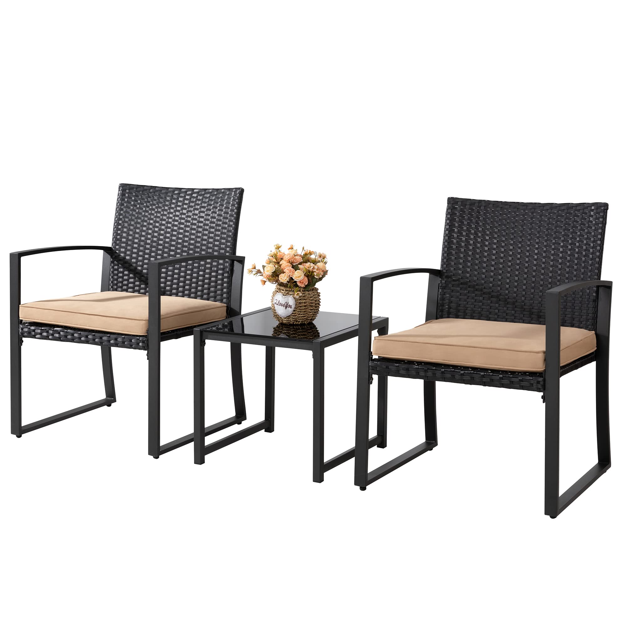 Shintenchi 3 Pieces Outdoor Patio Furniture Set, Modern Wicker Bistro Set, Conversation Rattan Chair of 2 with Coffee Table for Yard Porch Poolside Lawn(Khaki)