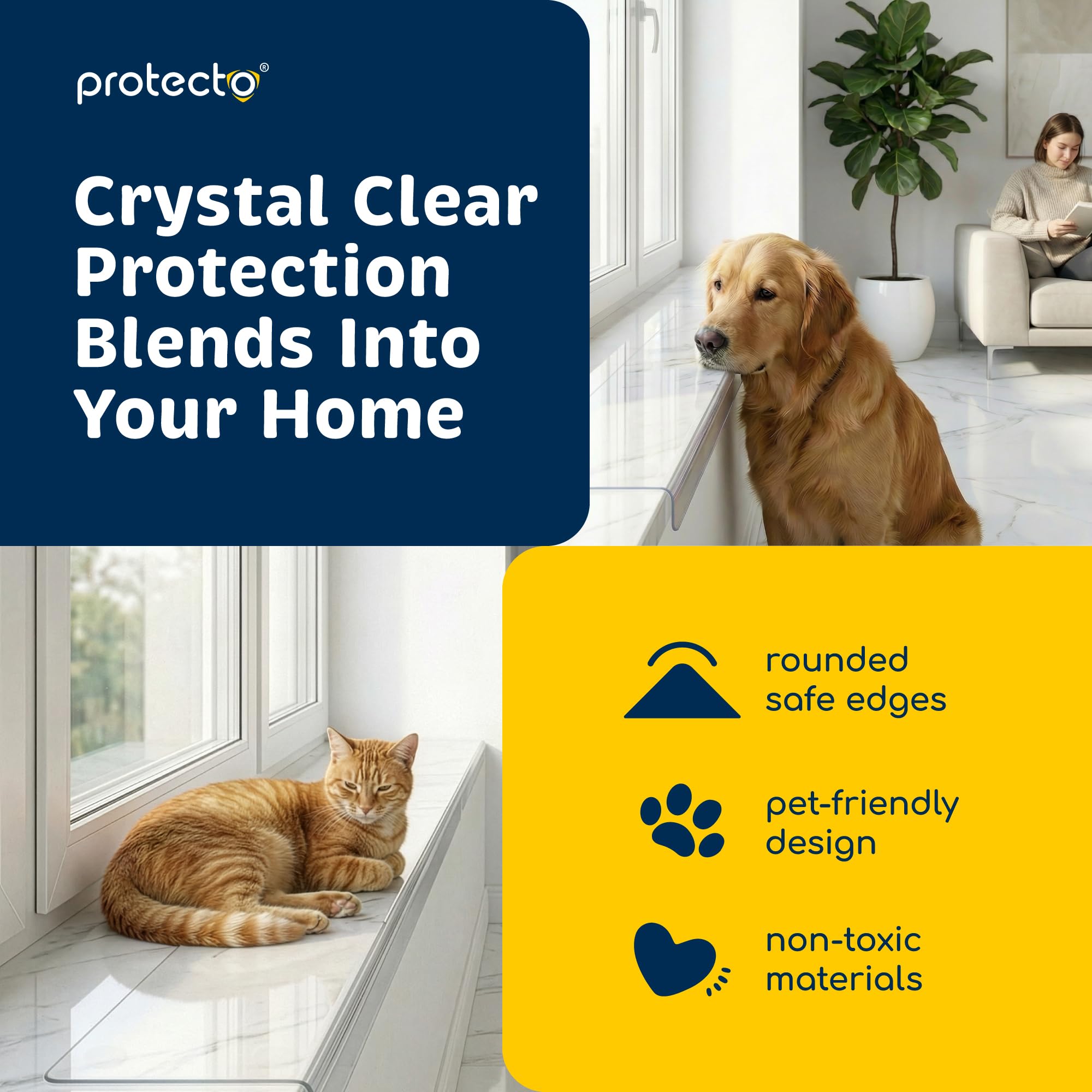 Protecto Pack de 2 Protector de Alféizar de Ventana 75 x 8,3 cm Protector Transparente contra arañazos, mordeduras y Garras de Perros y Gatos. Mantén alféizares Suaves y Patas seguras