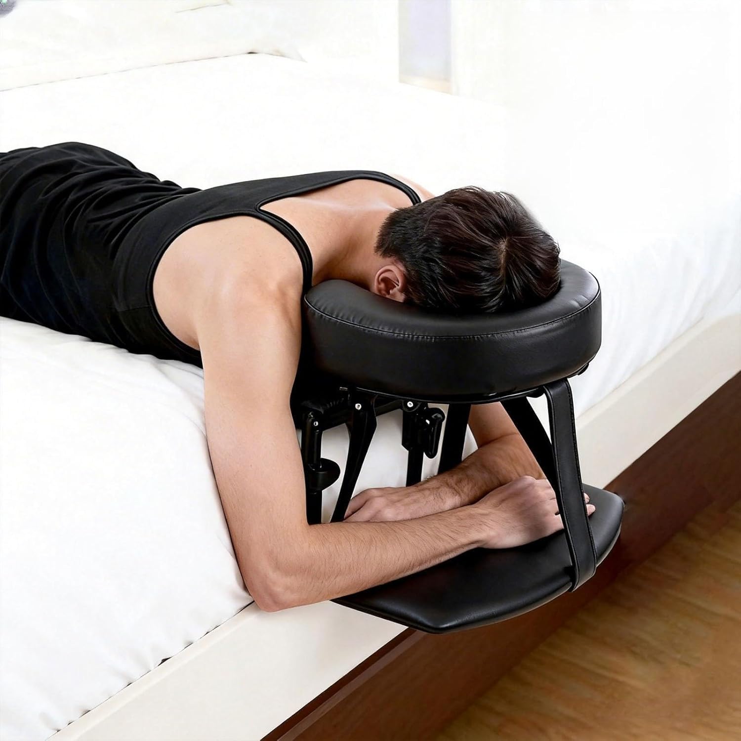 Massage Headrest for Bed with Armrest, Adjustable Bed Massage Head Holder for Home Spa, Portable Face Down Pillow After Eye Surgery Recovery Kit, Fits 6"–17" Mattresses, Black