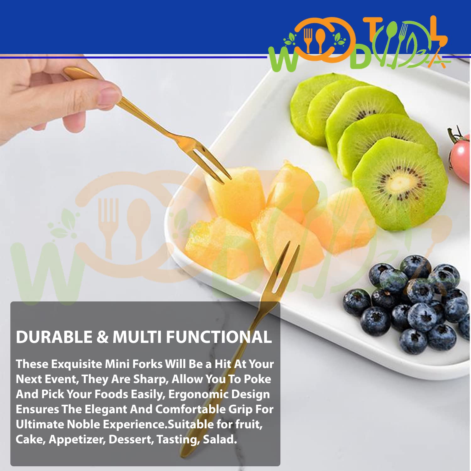 WOODTULA Stainless Steel Mini Salad, Dessert, Appetizer & Fruit Fork Set - Cocktail Fork - 10pc Gold Set 4
