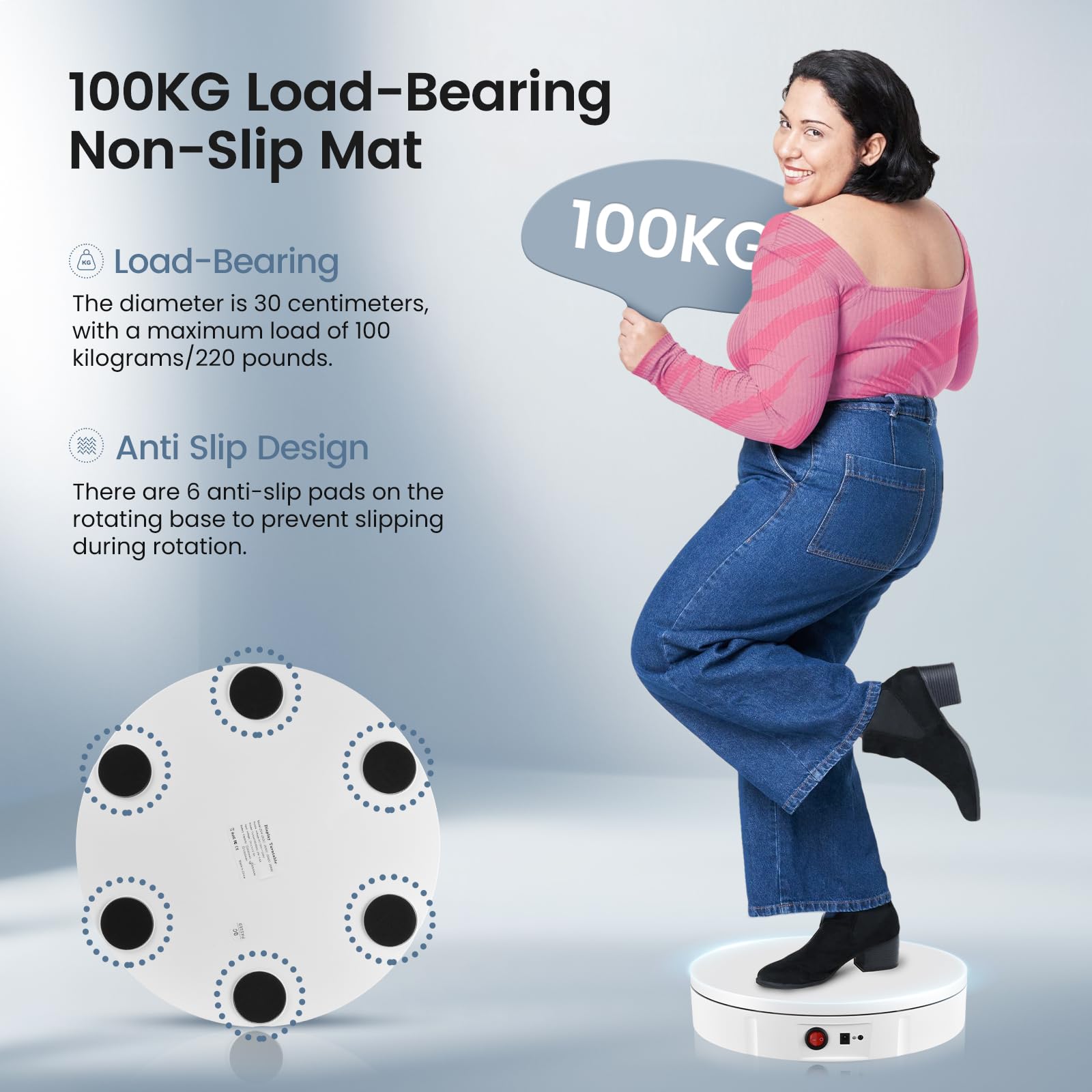 Base Giratoria Eléctrica, Couleeur 100KG 30CM Plataforma Giratoria, Dirección y Velocidad de 360° Ajustable Plato Giratorio con 5 Tableros de Fondo y Control Remoto para Fotografía