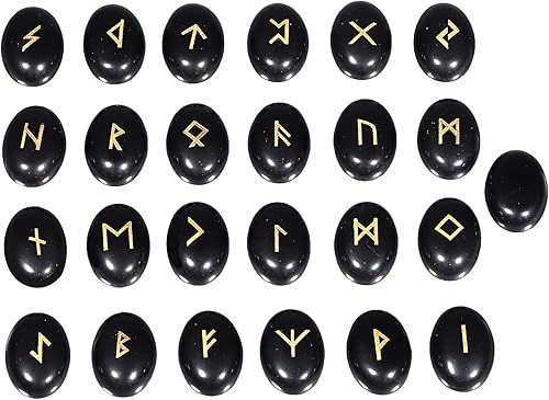 Rockcloud - Juego de 25 piedras de runa pulidas grabadas con letras del alfabeto de élder Futhark con cristal y meditación adivinación, obsidiana