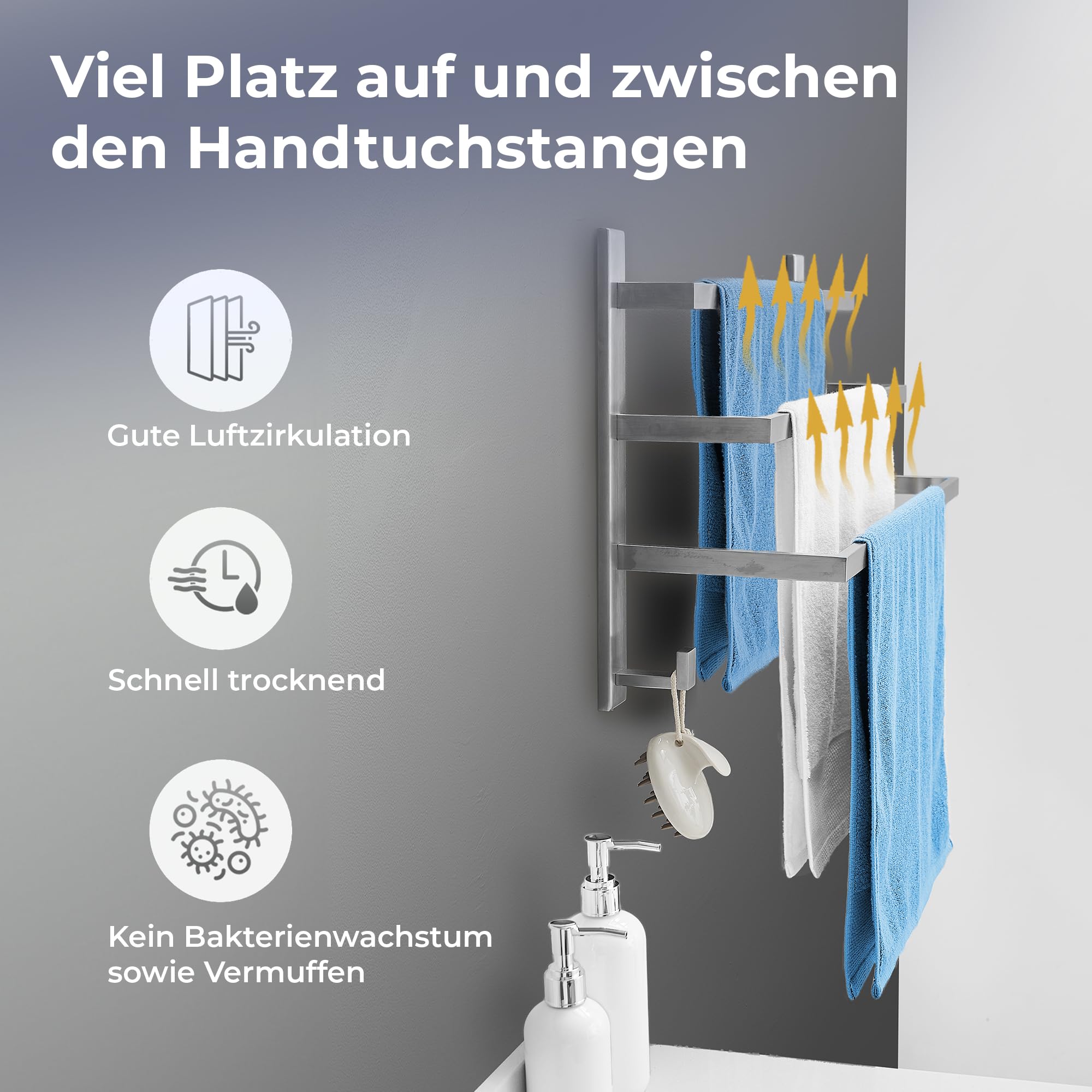 Premium Handtuchhalter Wand aus Edelstahl 304, Badetuchhalter mit viel Platz für schnelles Trocknen, 3-stufige Handtuchstange 60 cm