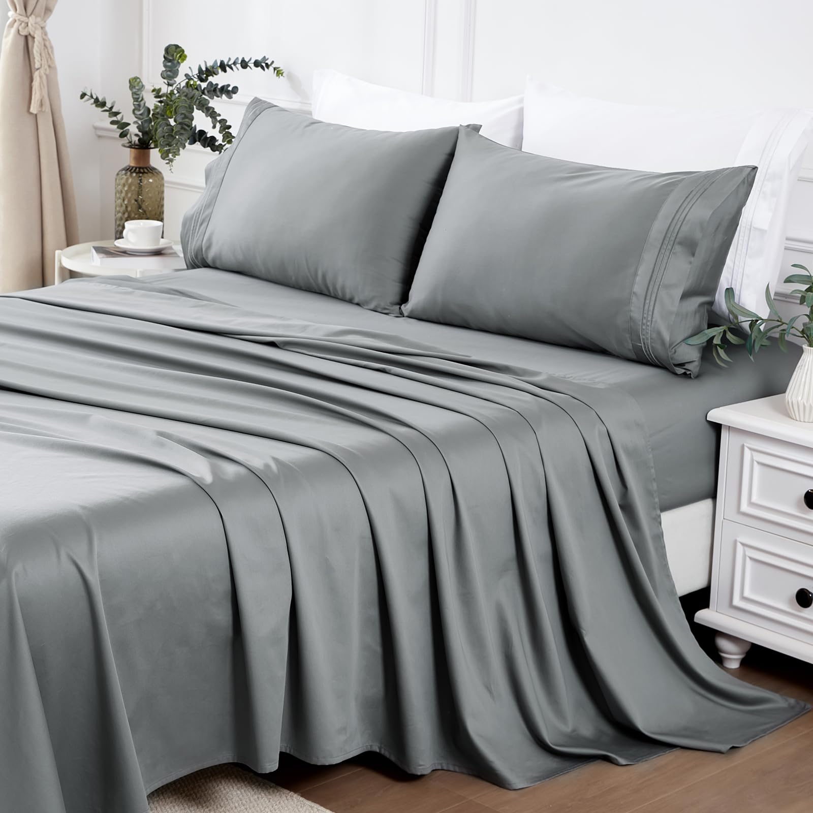 YIYEA Full Size Bed Sheets - 100% Cotton Sheets for Full Size Bed, Luxury 800 Thread Count Cotton Sateen Sheet Set - 16" Deep Pocket, Ultra Soft and Smooth - 4PC Cotton Bedding Sheets (Dark Grey)