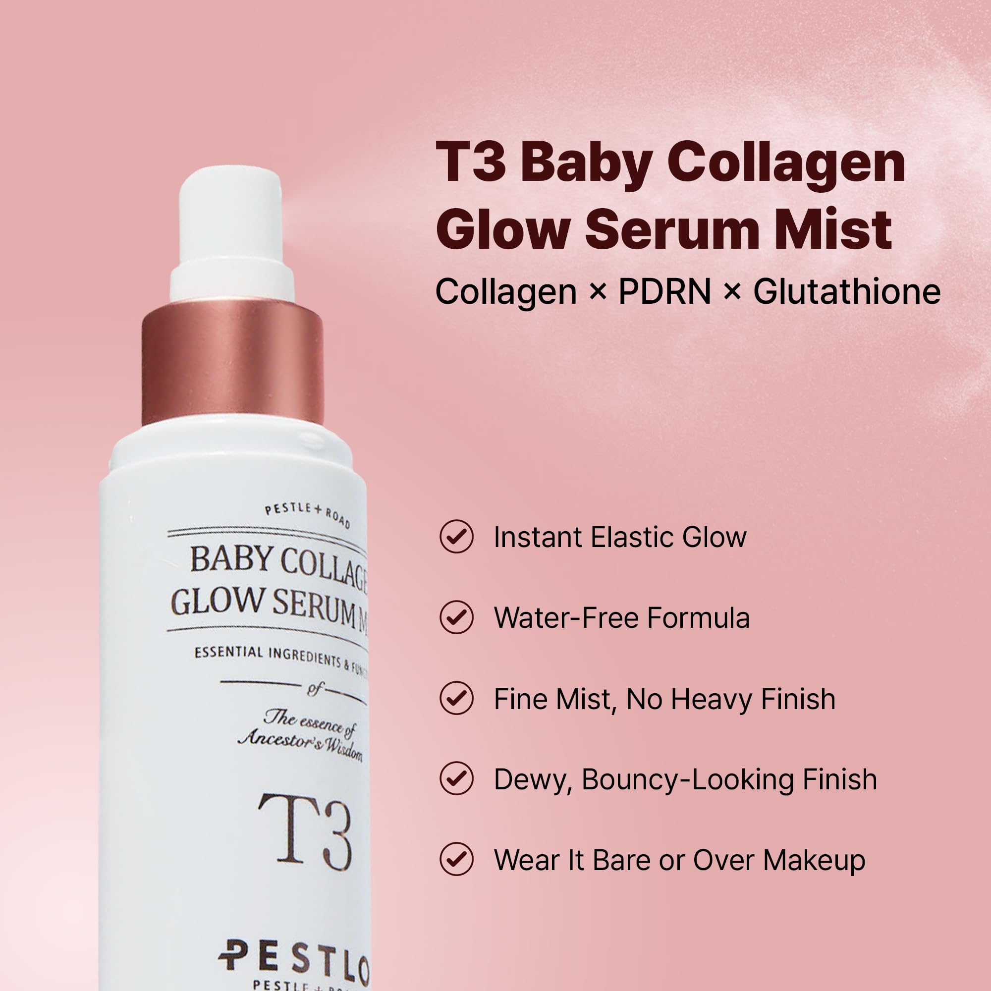 PESTLO T3 Baby Collagen Glow Serum Mist per tutti i tipi di pelle con collagene vegano e ingredienti che migliorano l'elasticità e la lucentezza, 50 ml (1,69 Fl Oz)