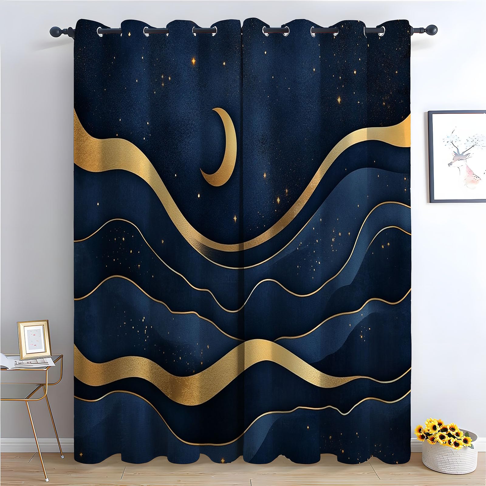TERUEA Fabric Curtains for Washable Quick-Dry Navy golden crescent moon starry night Curtains Thermal Blackout Curtains-42 W x 72" L (Pack of 2)