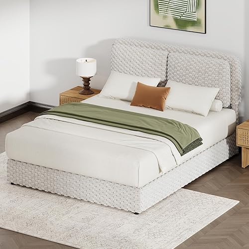 Miniatura 7 de Base de cama Queen con cabecero, plataforma tapizada de pana tamaño Queen con cabecero, no necesita somier, fácil montaje, color crema