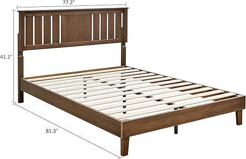 Miniatura 3 de MUSEHOMEINC Cama de plataforma de madera maciza tamaño King, marco de cama moderno de mediados de siglo con cabecera de altura ajustable, soporte de