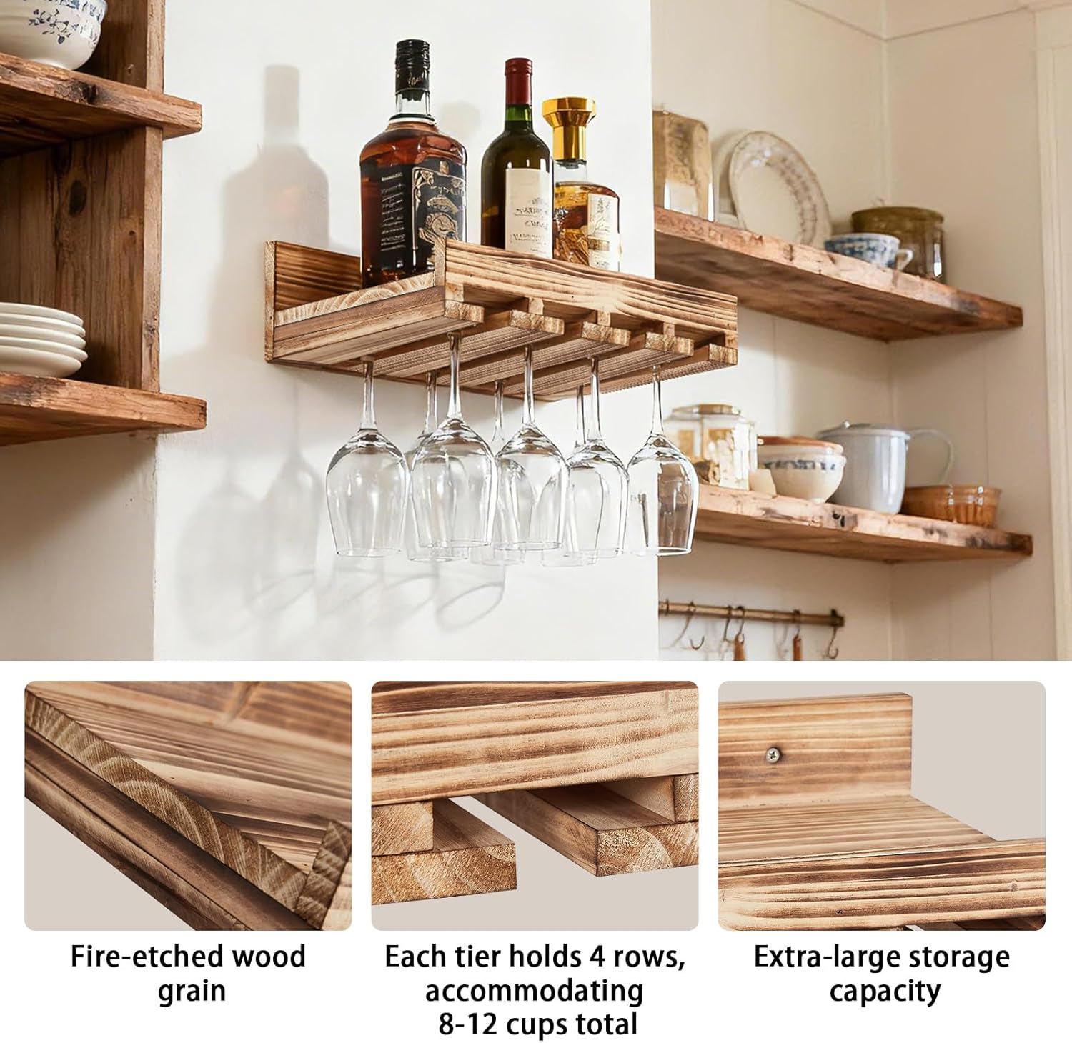 Wall Mounted Wine Rack, 2 PCS Wine Glass Rack Set, Rustic Farmhouse Floating Bar Shelves for Home, Bar, Kitchen, Living Room