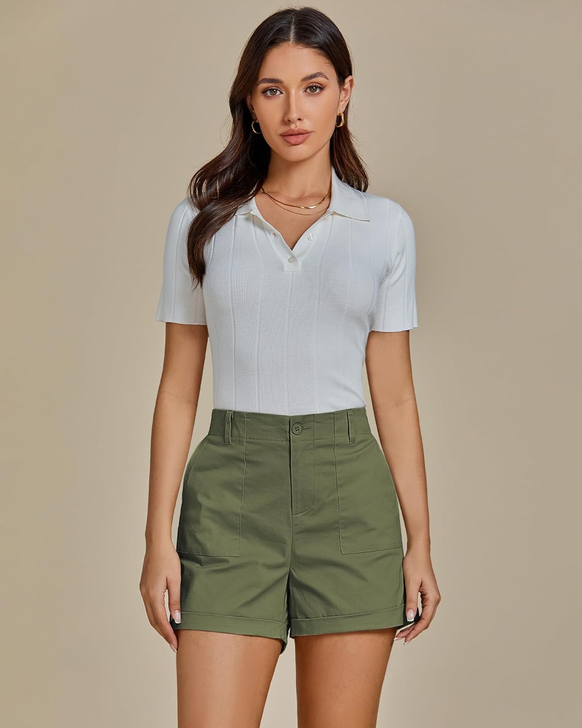 luvamia Shorts for Women High Waisted Dressy Casual Summer Elastic Waist Comfy Rolled Hem Stretch Twill Pocket Shorts - Image 2