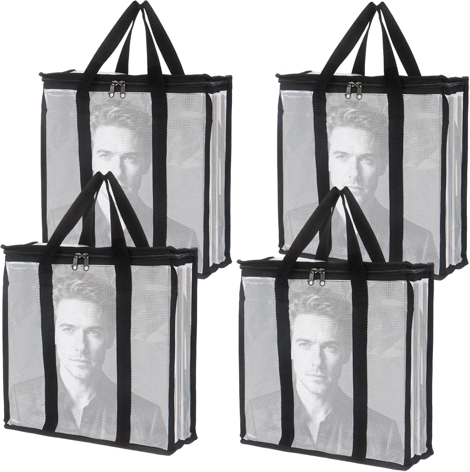 Klmnop 4 Pack Vinyl Record Storage Bag, Clear LP Vinyl Storage for 144 Albums, Dust Scratch Resistant Carry Bag with Zipper and Handle for Easy Organizing(Clear)