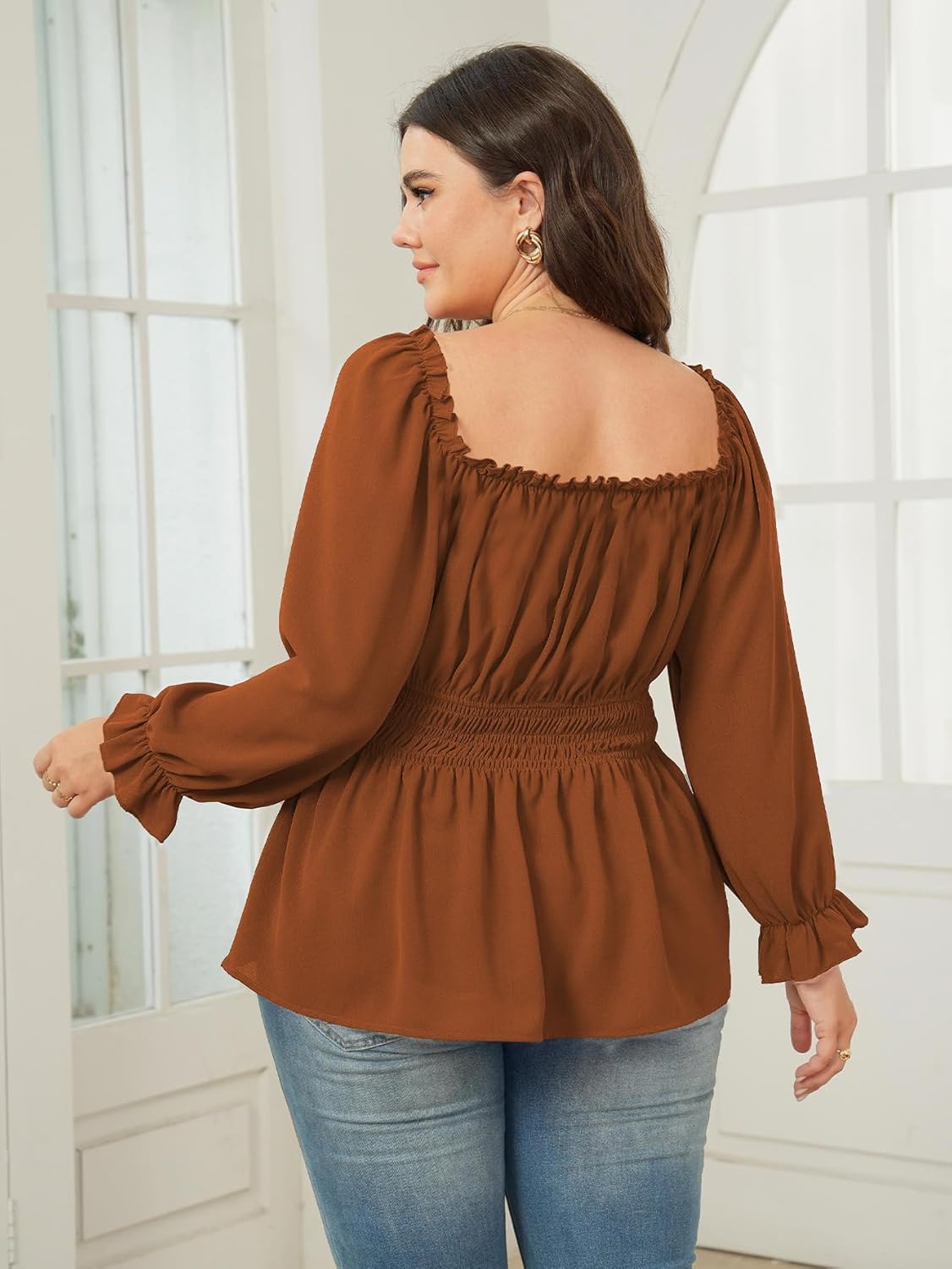 Womens Plus Size Tops Square Neck Long Sleeve Blouse Babydoll Ruffle Peplum Smocked Cute Top - Image 2