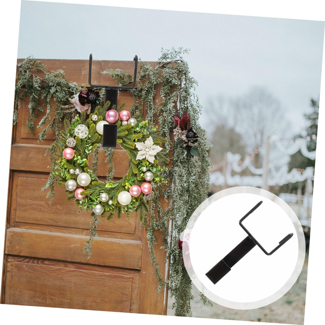 SEWACC 4pcs Black Cast Iron Over-The-Door Wreath Hangers for Front Door, Heavy Duty Door Garland Hooks for Christmas Decorations and Holiday Wreaths