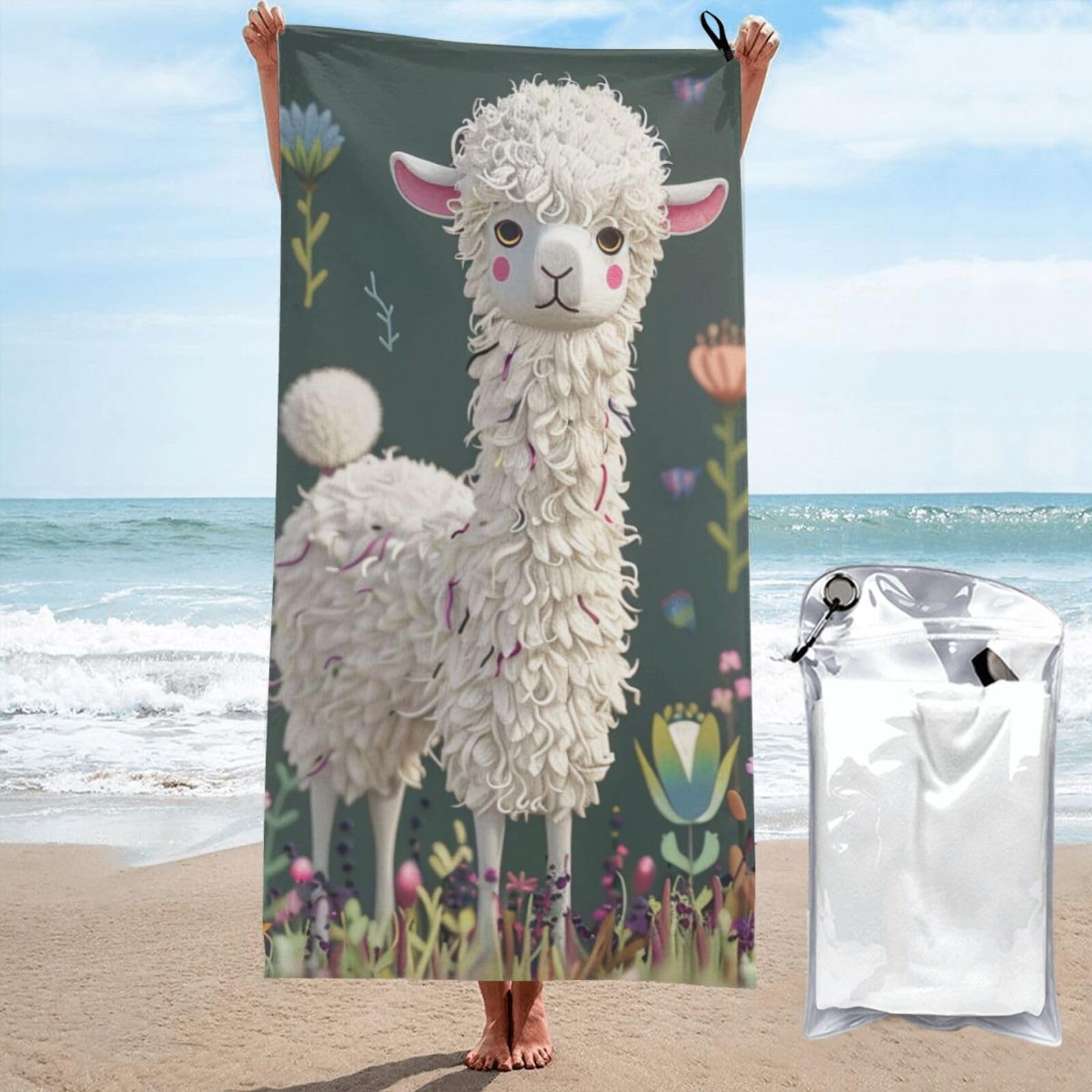 BWWHCCTI Flower Alpaca Printed Microfiber Quick Dry Beach Towel 80x160 CM, Fast Drying Bath Towels with Bags for Travel,Camping,Gym,Beach,Swimming,Yoga