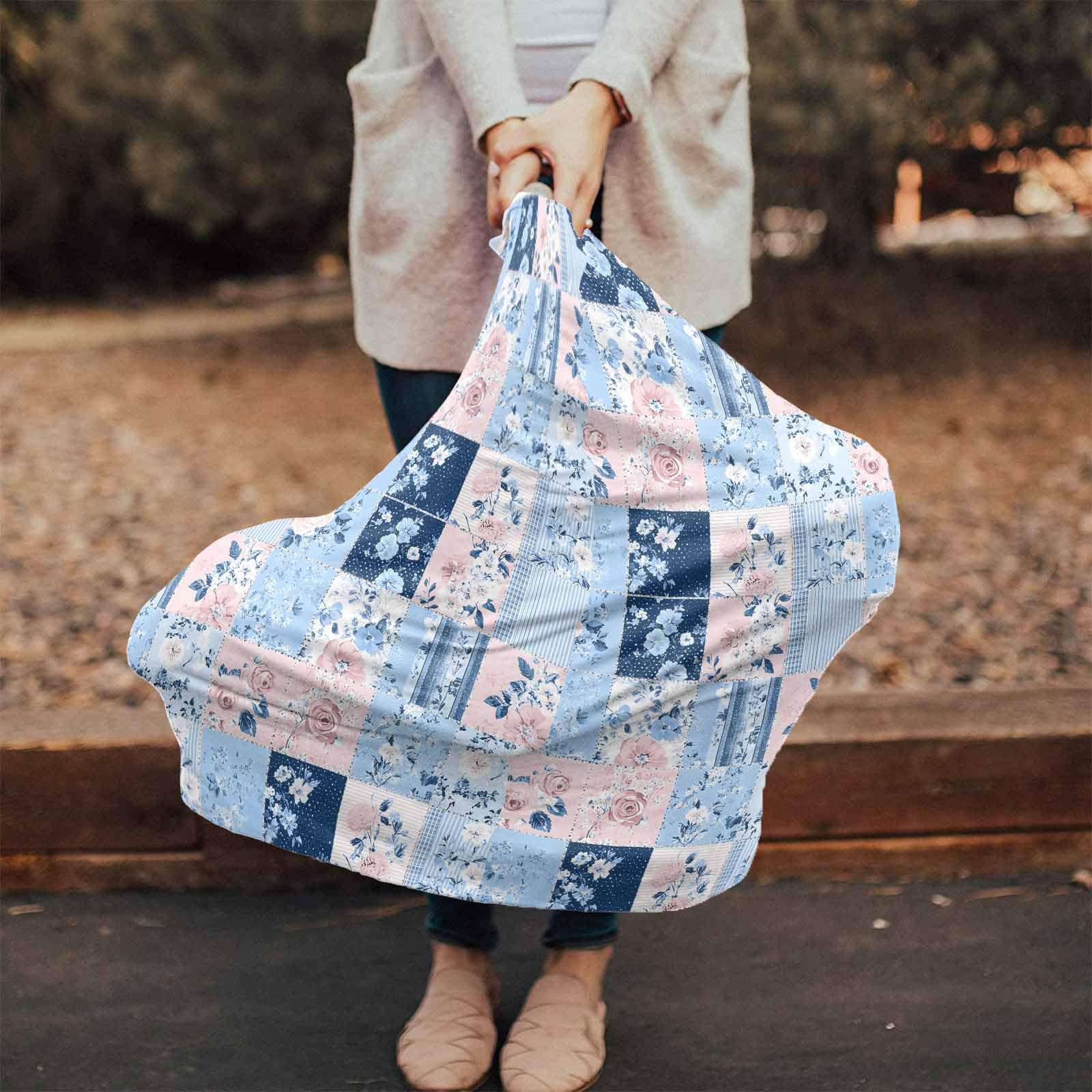 Nursing Cover for Breastfeeding Scarf, Vintage Various Blue Pink Floral Splice Print Baby Car Covers Super Soft Multi Use for Canopy Shopping Cart Cover Blanket Stroller Cover