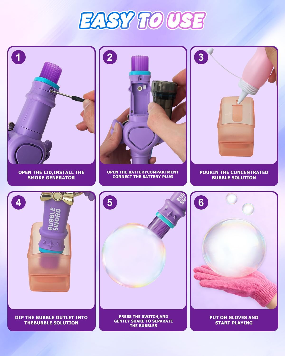 Fog Bubble Machine for Kids, Rechargeable Magic Smoke Bubble Maker with Lights & Sound, Elastic Bubble Fog Wand with Gloves, Spill-Proof Cup & Safe Bubble Solution, for Parties, Beaches, Summer