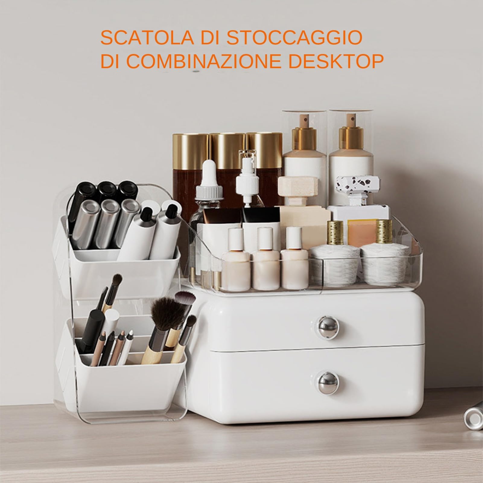 Organizer Trucco da Toeletta Grande Espositore con Cassetti | Contenitore Cosmetico con Portapennelli per Piano Cucina, Bagno, Lavabo, Comò e Dispensa