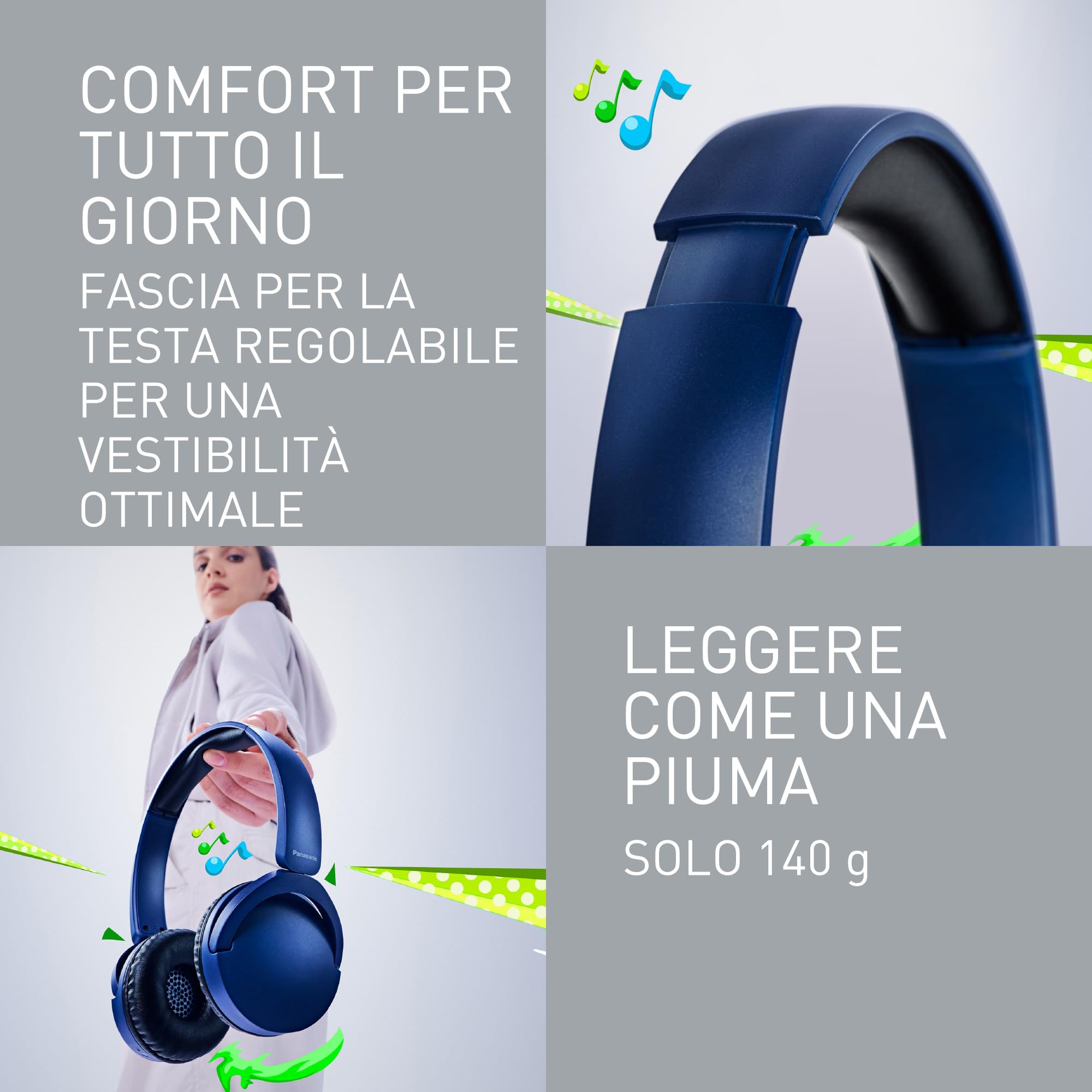 Panasonic HF630B Cuffie Bluetooth Wireless On Ear, 72 ore di autonomia | Microfono Environmental Noise Cancellation (ENC), Bluetooth 5.3, Multipoint, XBS Extra Bass, ricarica rapida USB-C, Blu