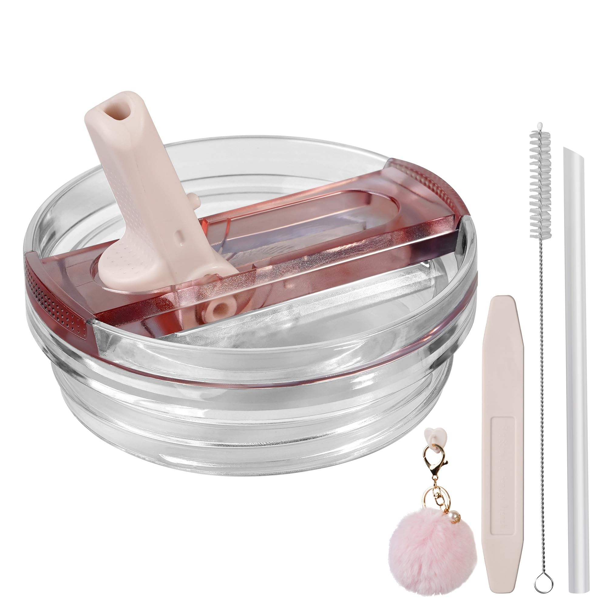Replacement Protour Lid for Stanley Quencher, Stanley Cup Leak-proof Lid Acessories with Cute Fluffy Pom-pom (Rose Quartz, 40 Ounces)