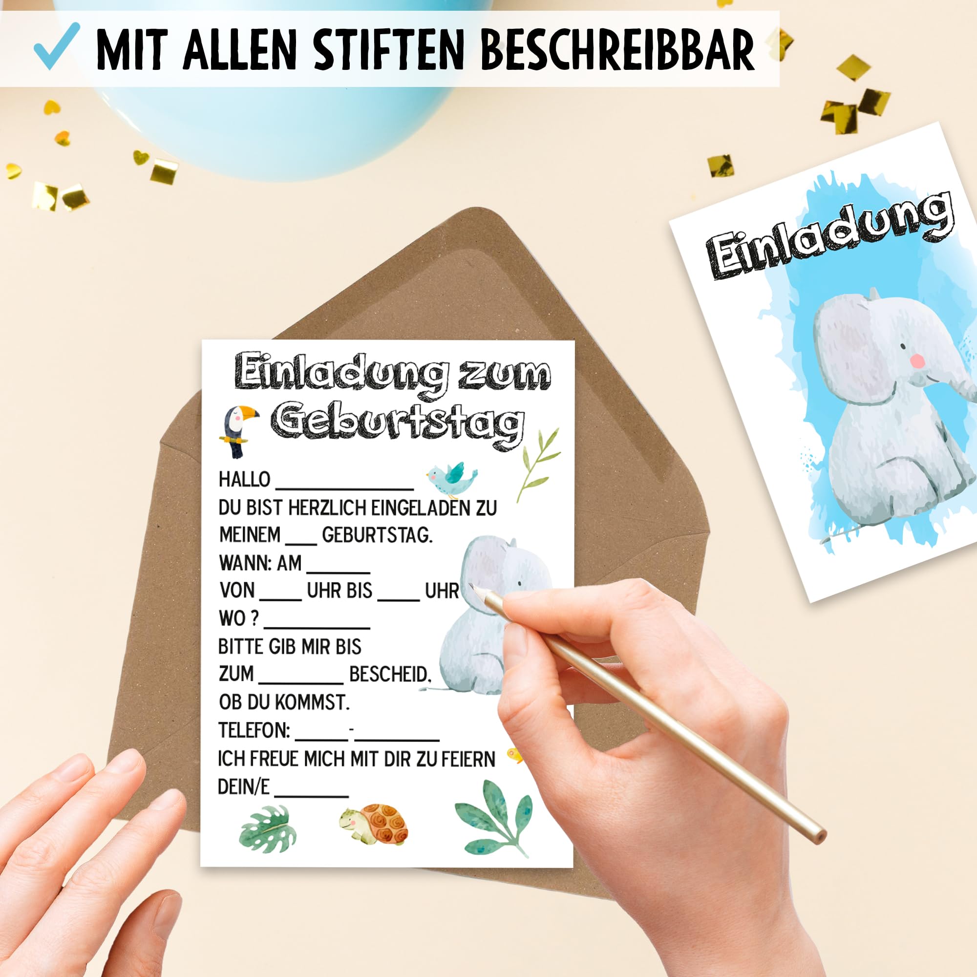 OWLBOOK Elefant Safari 50 Einladungskarten Kindergeburtstag Junge Mädchen Kinder - Wilde Tiere Geburtstag - Kindergeburtstagseinladungen Wald Tiere Zoo Dschungel Einladungen zum Ausfüllen mit