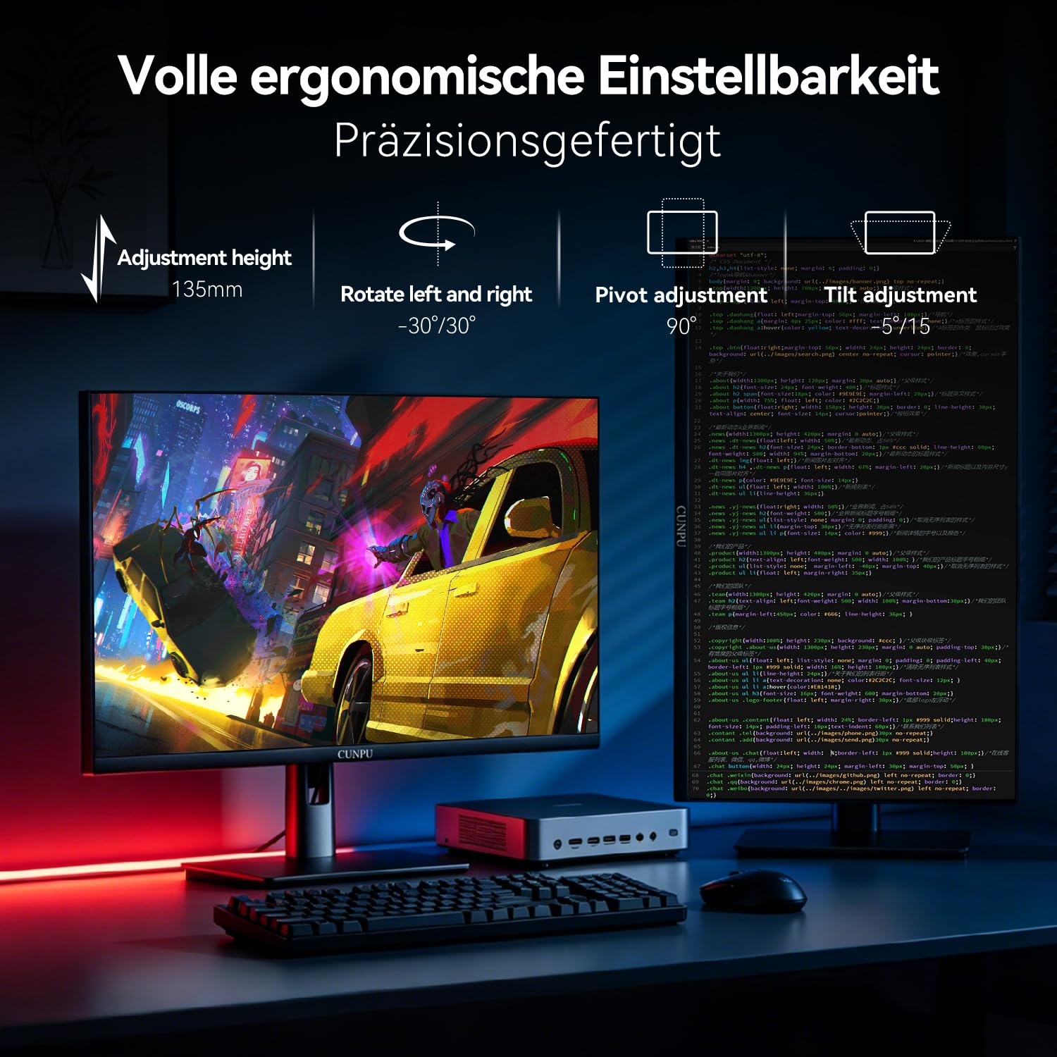 CUNPU 27 Zoll 4K Monitor 160Hz, 100% DCI-P3 100% AdobeRGB,1ms Fast IPS, HDR400, Höhenverstellbar, 135% sRGB, 100% AdobeRGB & DCI-P3, 2X HDMI 2.1 & 2X DP 1.4, DeltaE<2, Augenfreundlich