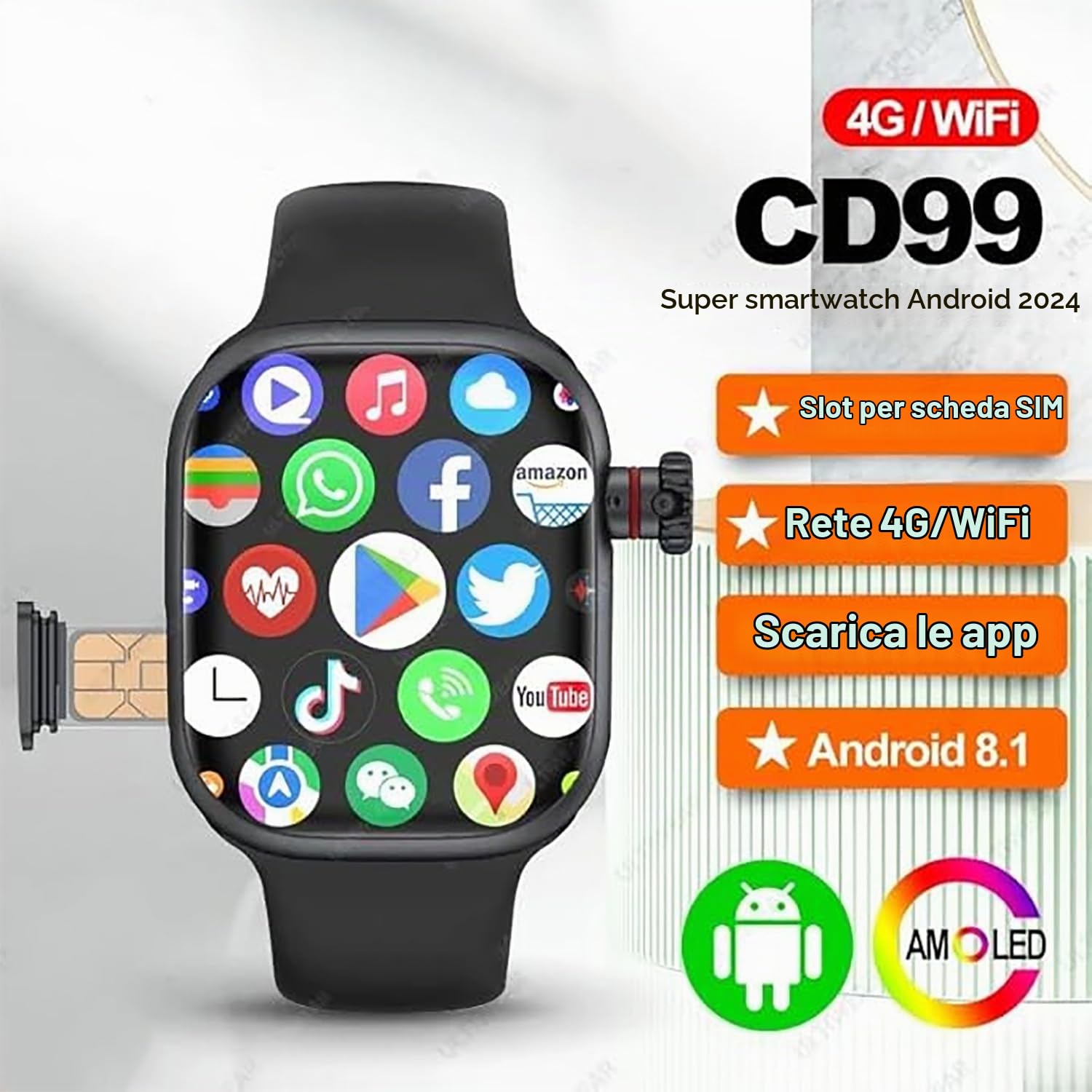 CD99 S16 4G Smart Watch, Orologio Sportivo, 2,26 “AMOLED Grande Schermo Orologio con Fotocamera Rotante di 180 Gradi E 1380mAh Batteria Interna, Rapporto di Risoluzione 490 * 580